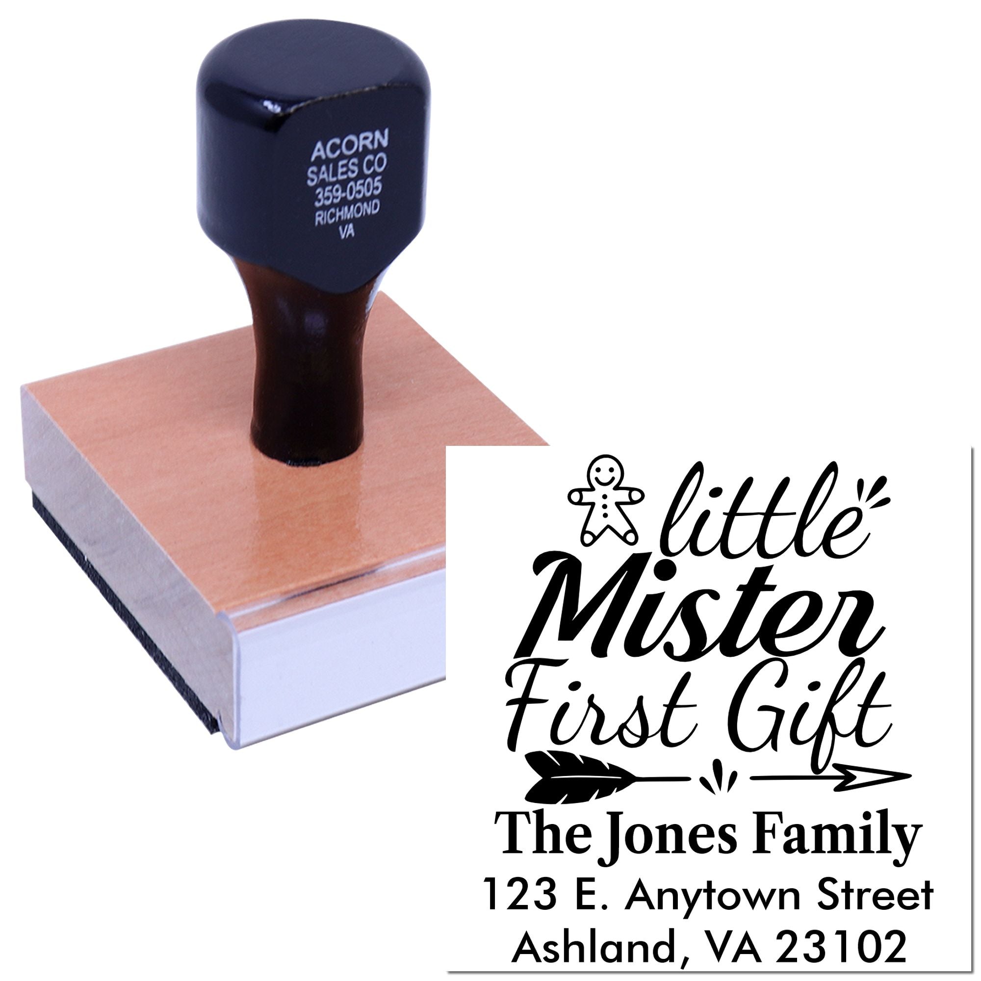 Custom rubber stamp for babys first gift, personalized with family name, address, and Little Mister First Gift design.