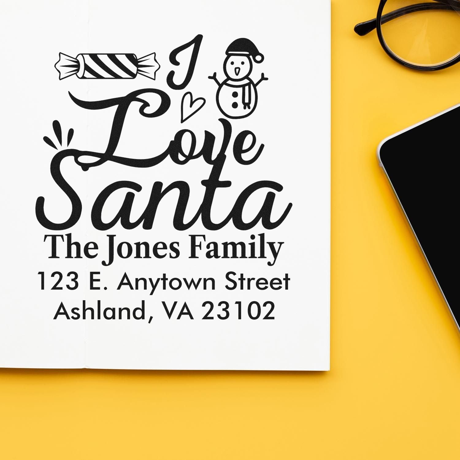 Personalized Christmas rubber stamp with I Love Santa, family name, and return address for holiday mailing labels.