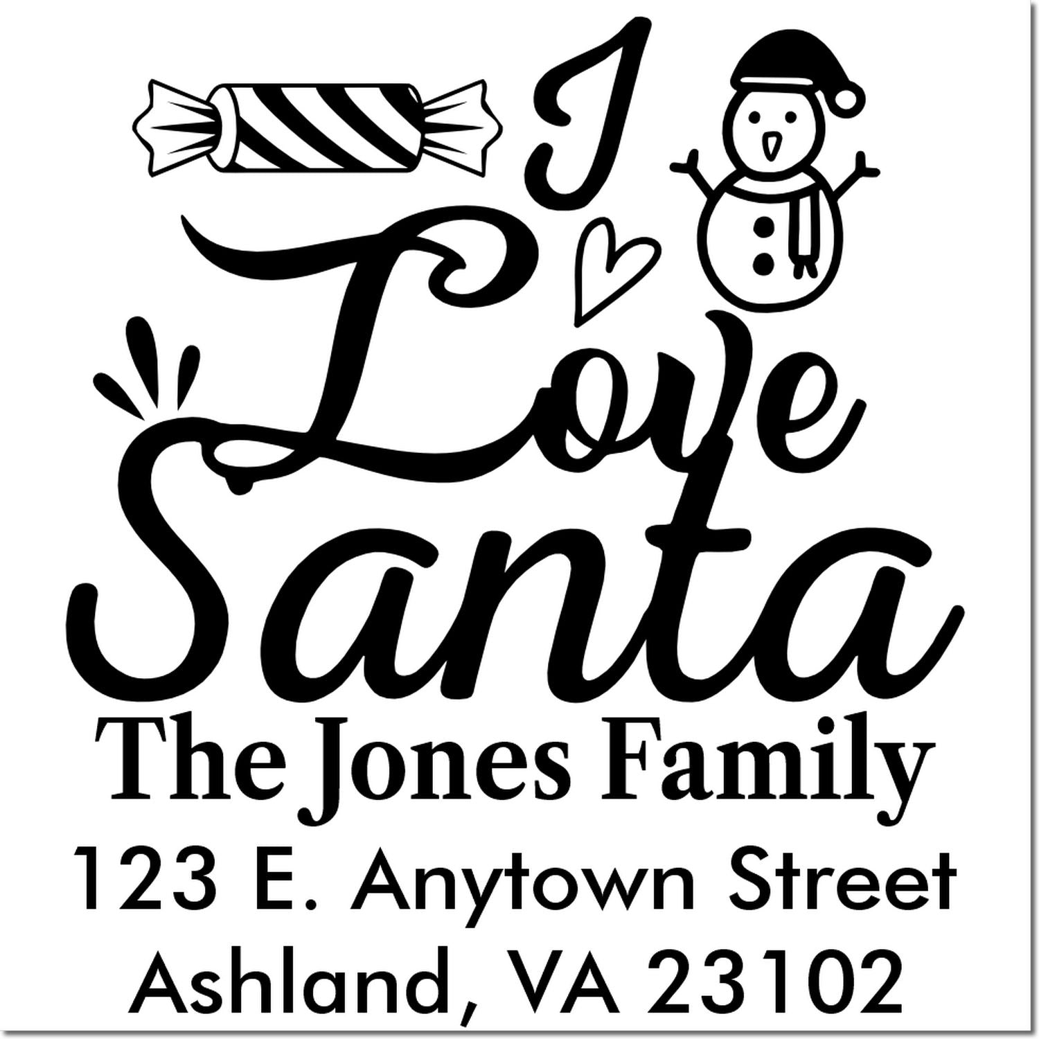 Custom holiday address rubber stamp design with Love Santa, The Jones Family, and Ashland, VA return address.