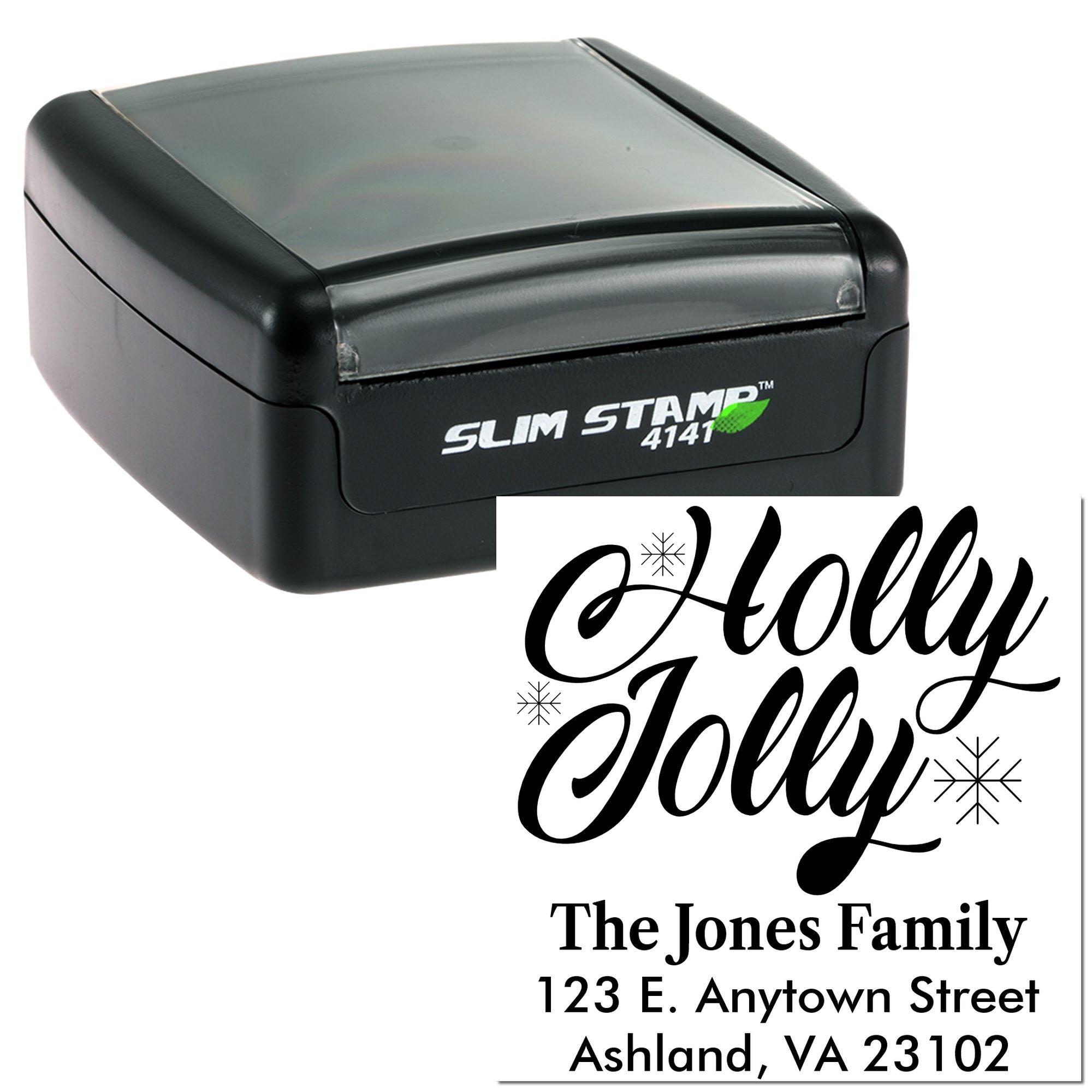 Custom self-inking rubber stamp for holiday return address labels, featuring Holly Jolly design and family address.