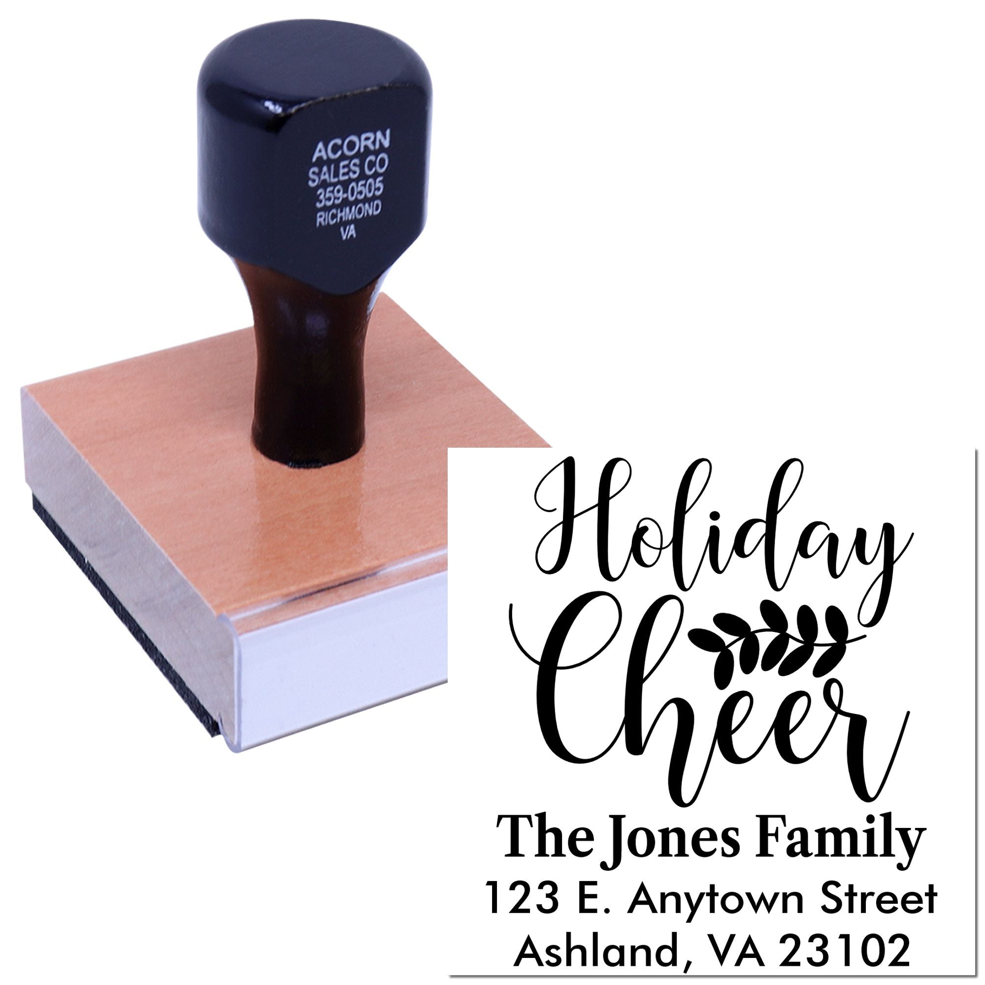 Custom holiday cheer rubber stamp with family name and address for holiday cards and envelope stamping.