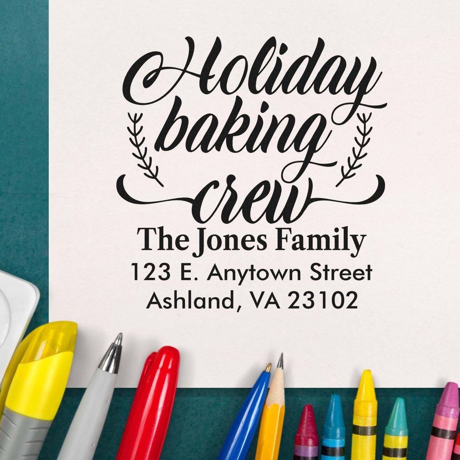Custom Holiday Baking Crew return address rubber stamp with personalized family name and address for festive envelopes.