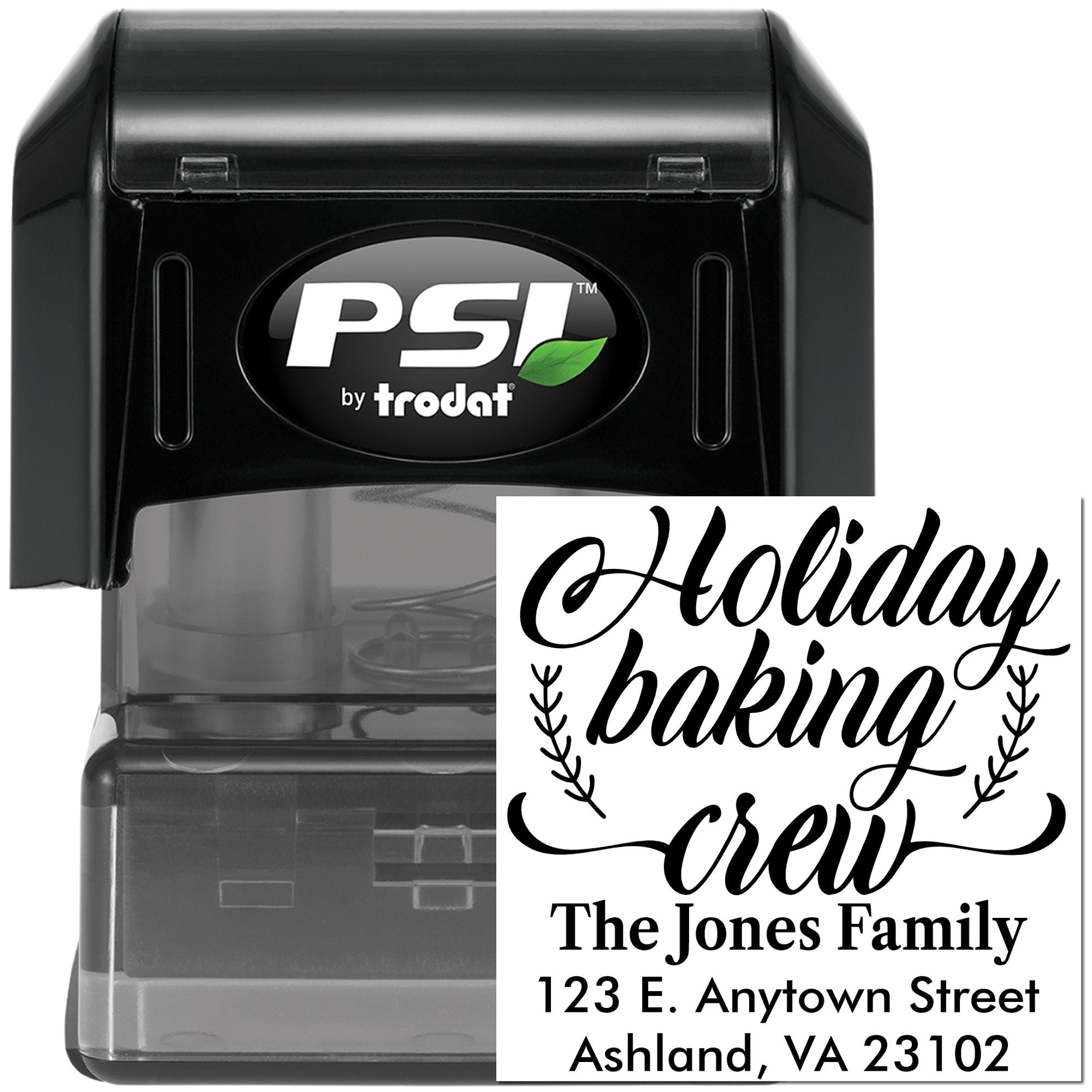 Custom self-inking rubber stamp for Holiday Baking Crew family address and holiday baking labels.