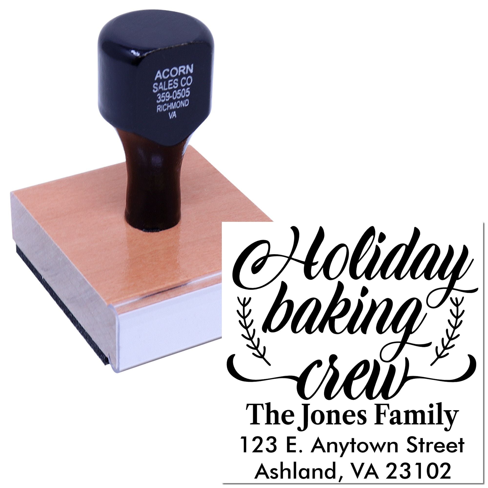 Custom holiday baking crew rubber stamp with family name and address for personalized seasonal packaging