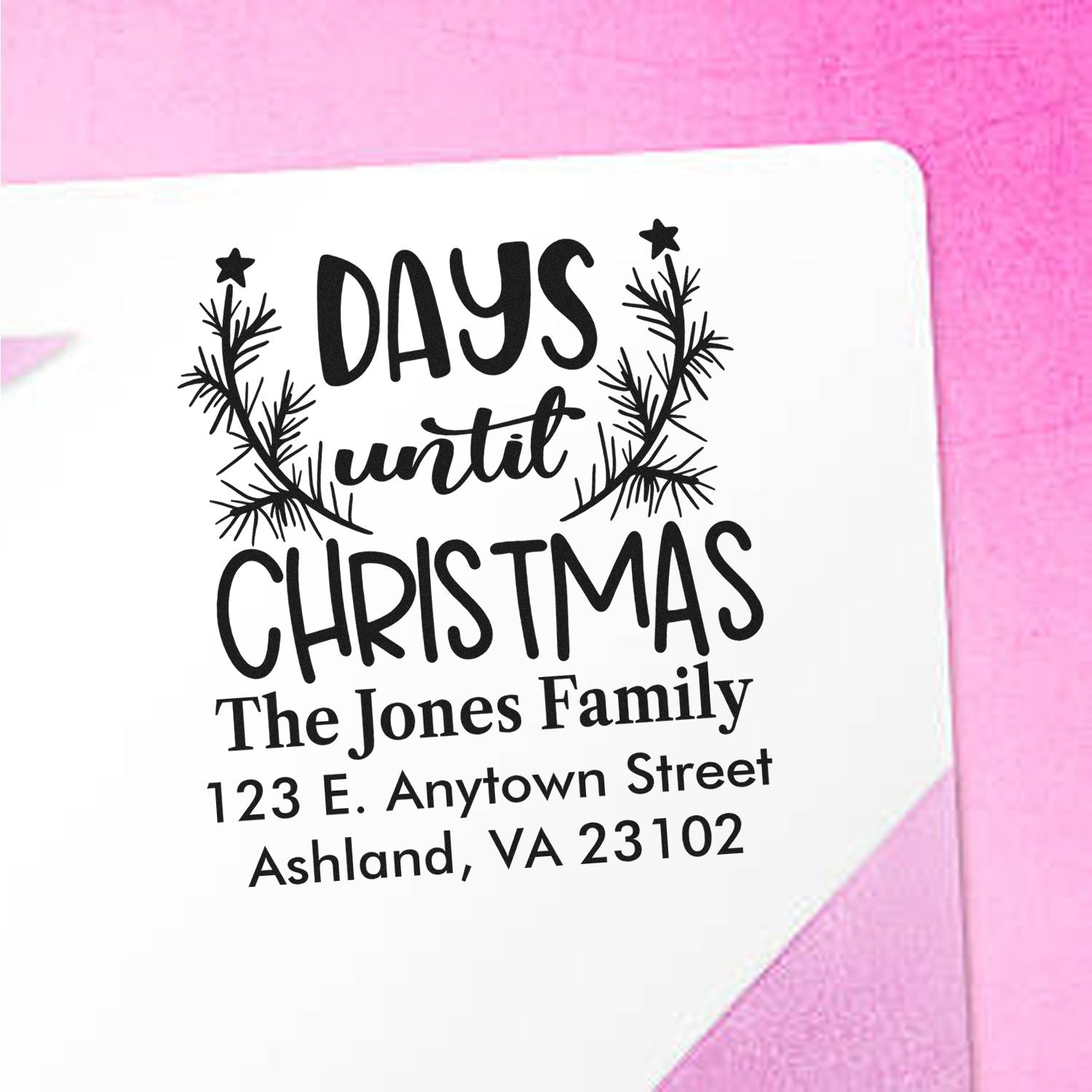 Personalized Christmas countdown rubber address stamp with family name and address, featuring Days until Christmas holiday design.