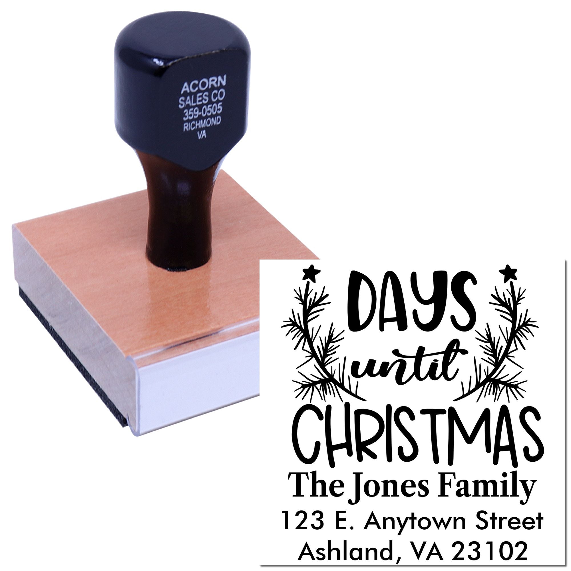 Personalized rubber stamp featuring a Days Until Christmas holiday countdown design with family name and address.