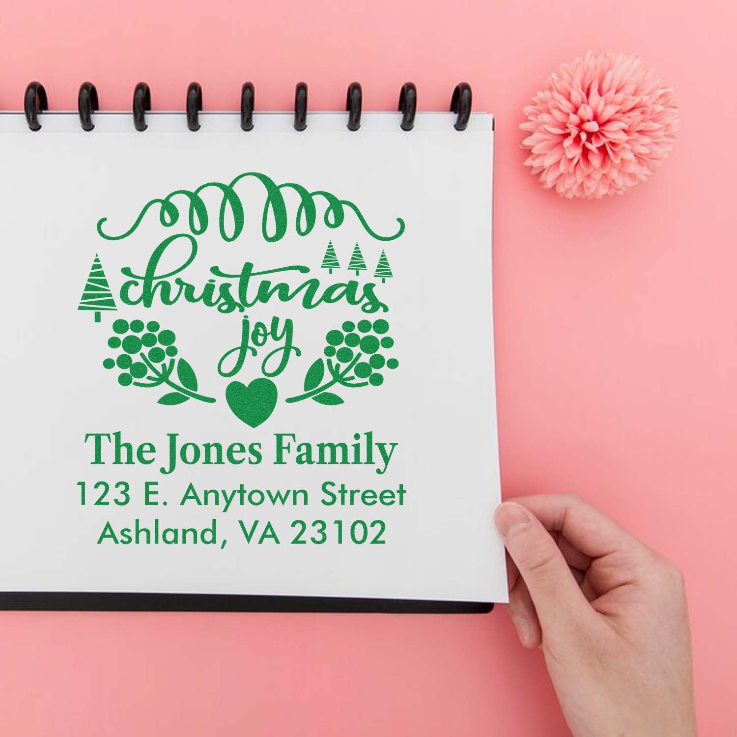Custom Christmas joy address rubber stamp with family name and address for holiday cards and festive mailings