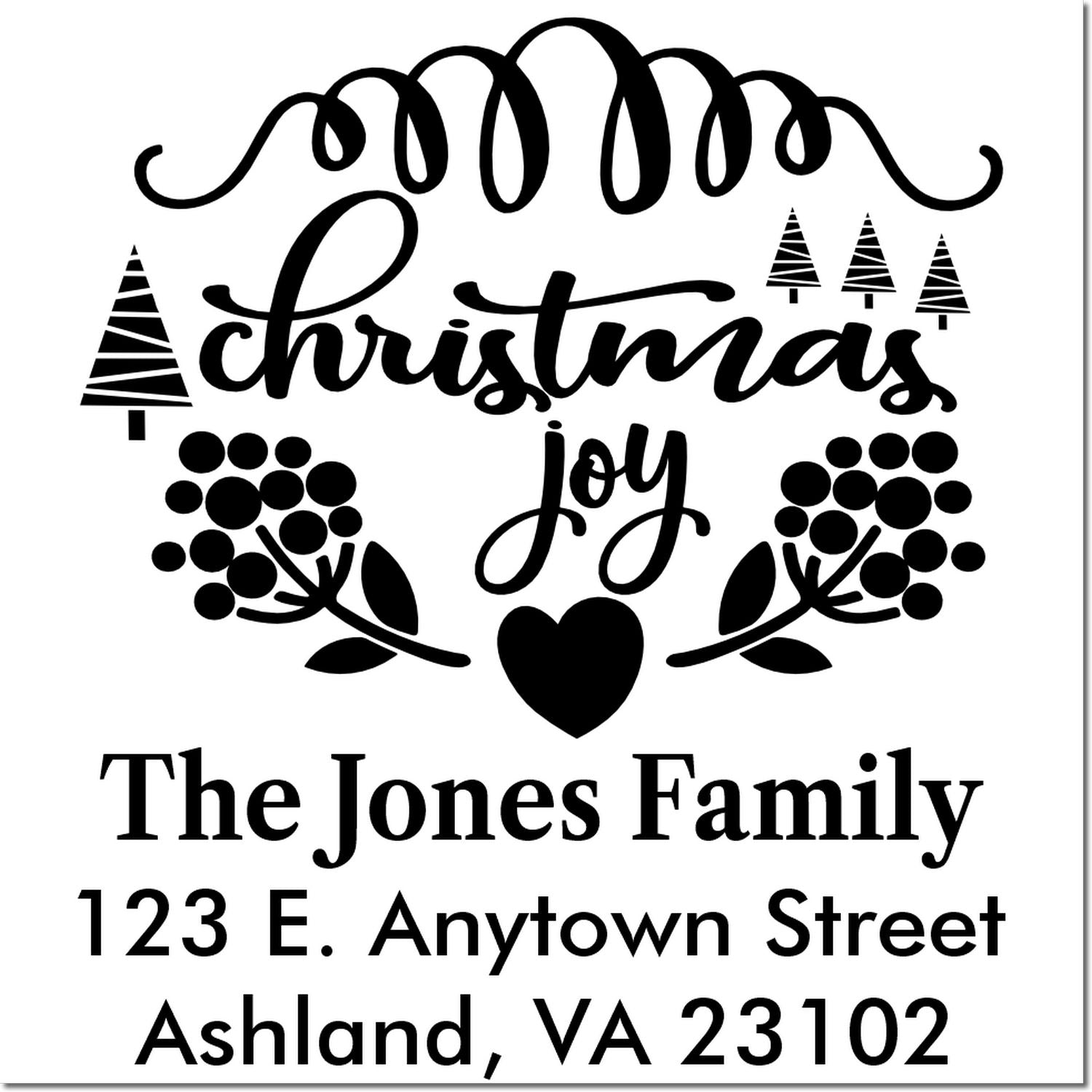 Personalized Christmas Joy rubber stamp for The Jones Family with trees, heart, and custom return address.