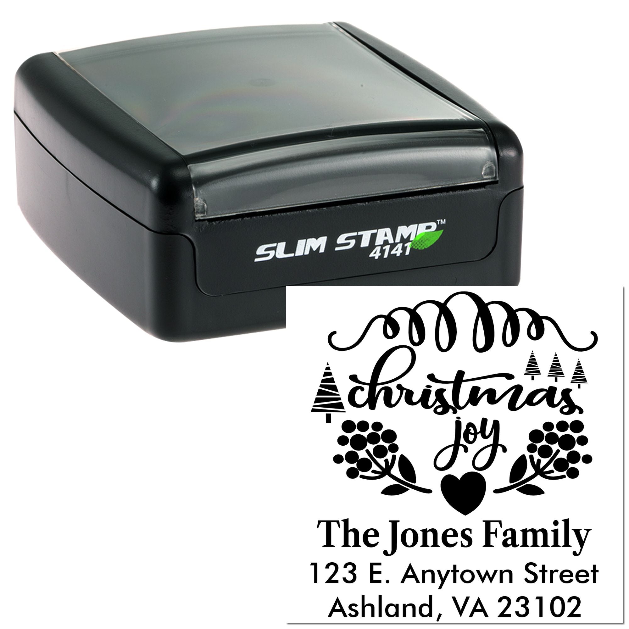 Custom self-inking Christmas address rubber stamp for The Jones Family with festive Joy design