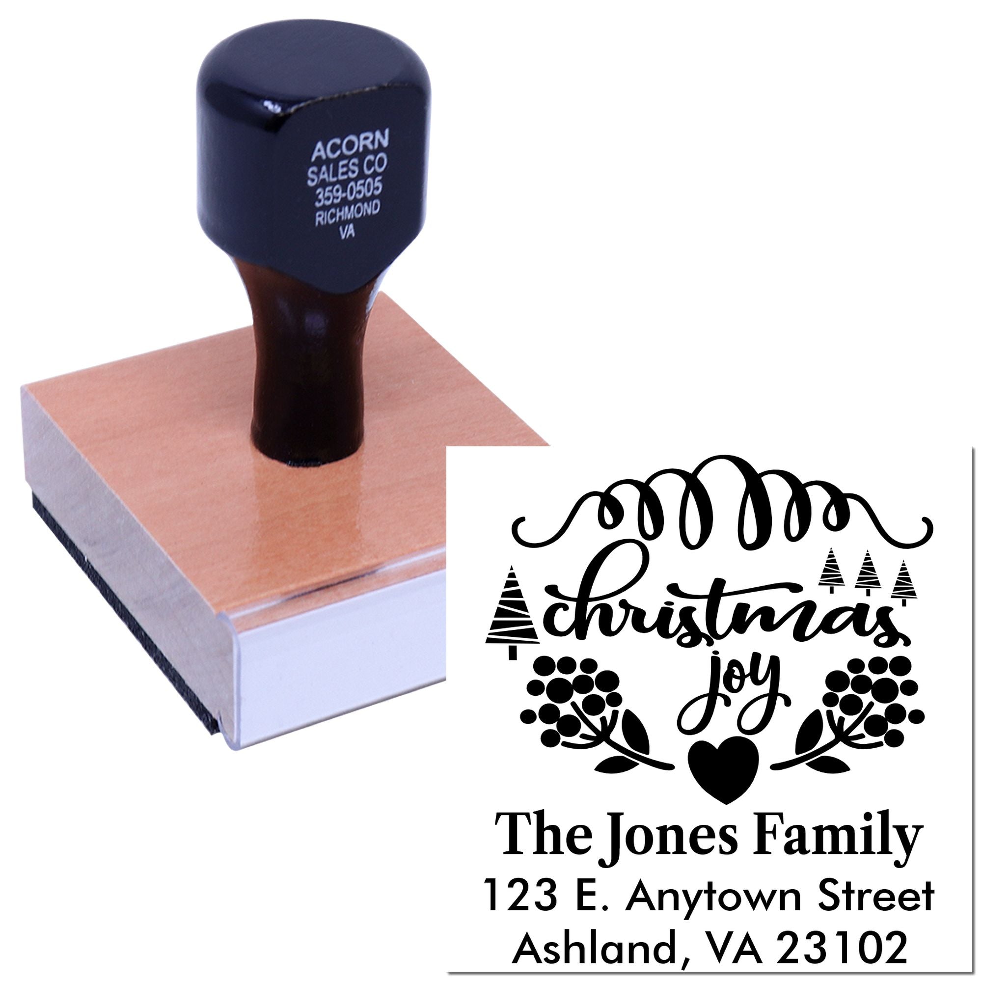 Custom Christmas return address rubber stamp with holiday family design and The Jones Family address.