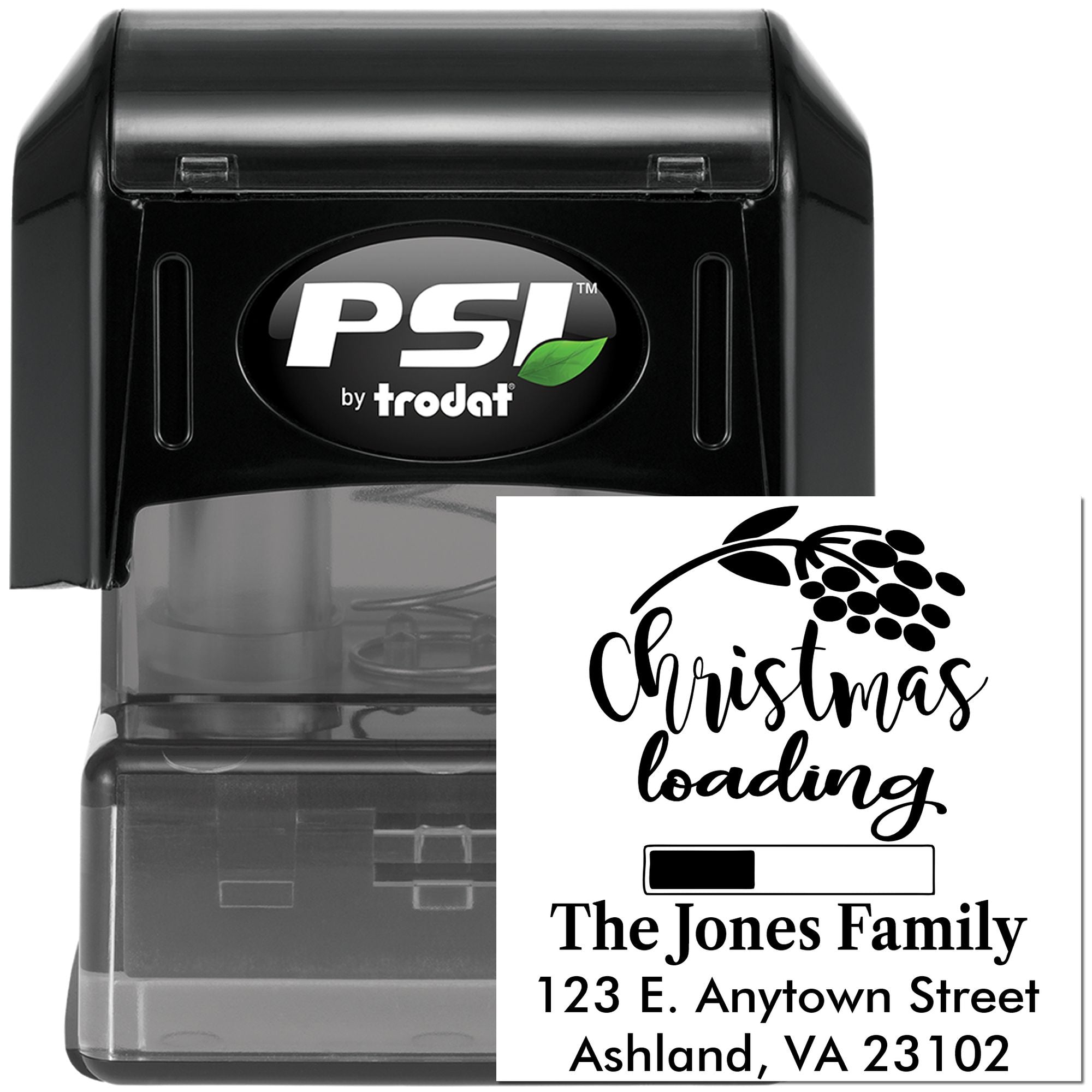 Personalized Christmas return address rubber stamp with self-inking PSI by Trodat for holiday cards and mailing labels.