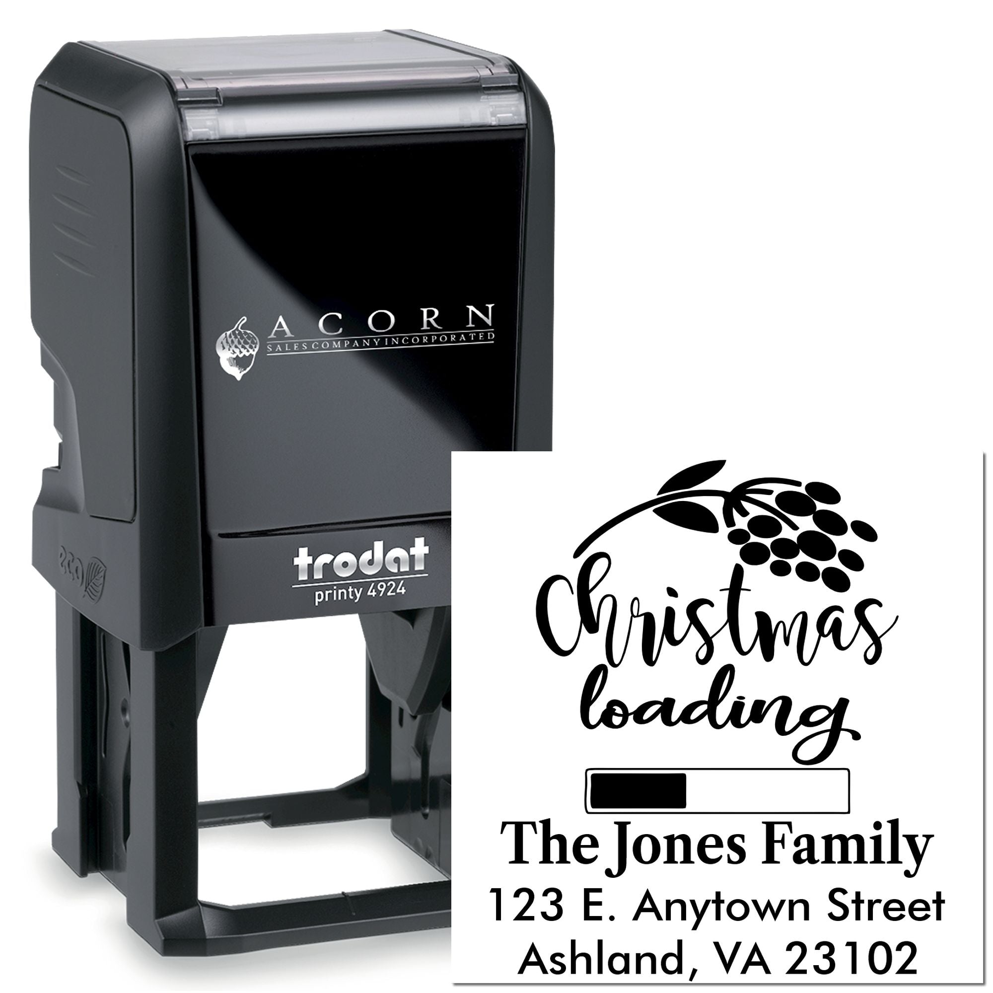 Custom self-inking Christmas address rubber stamp with holiday loading design for The Jones Family.