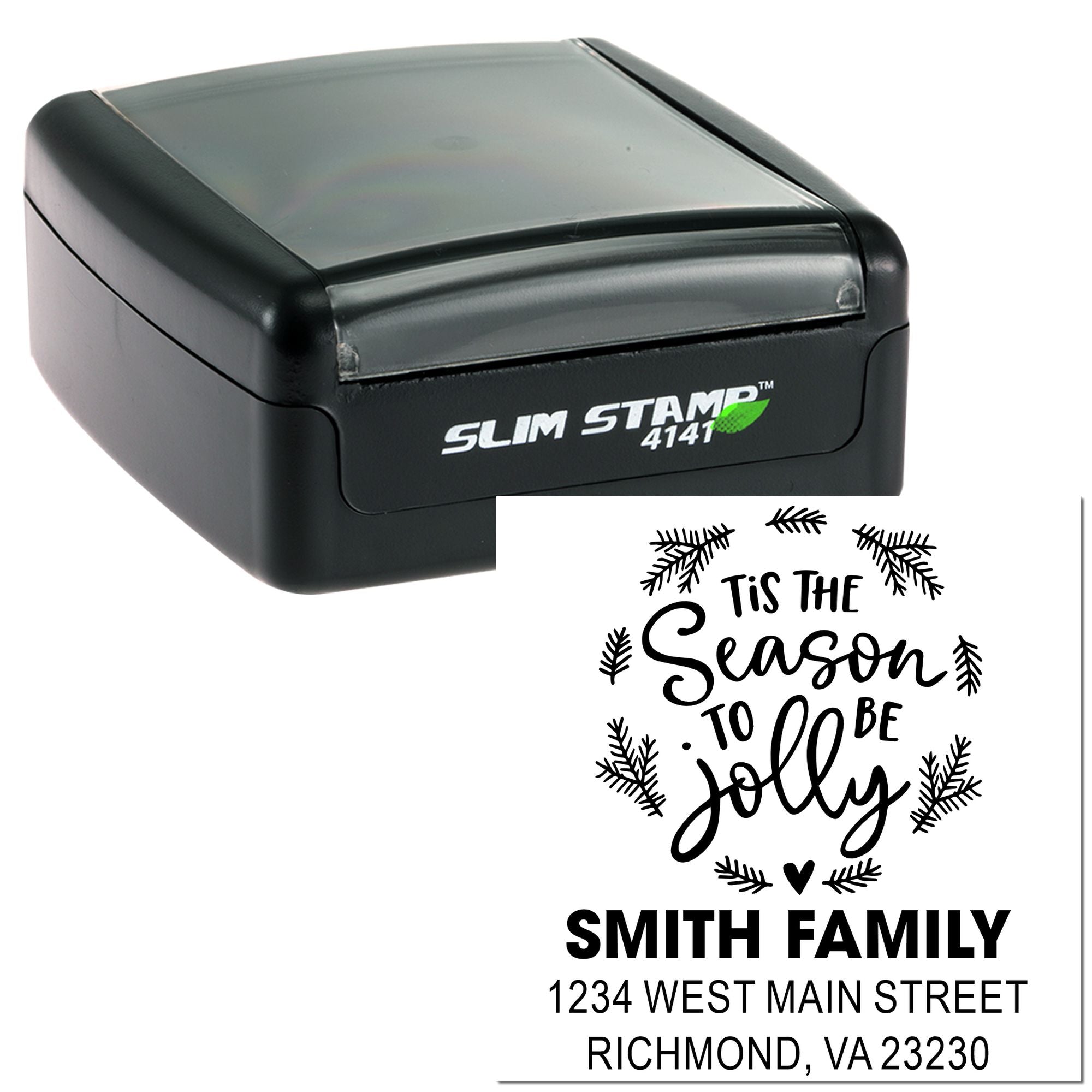 Custom Slim Stamp 4141 self-inking holiday address rubber stamp with Tis the Season to Be Jolly Smith Family design