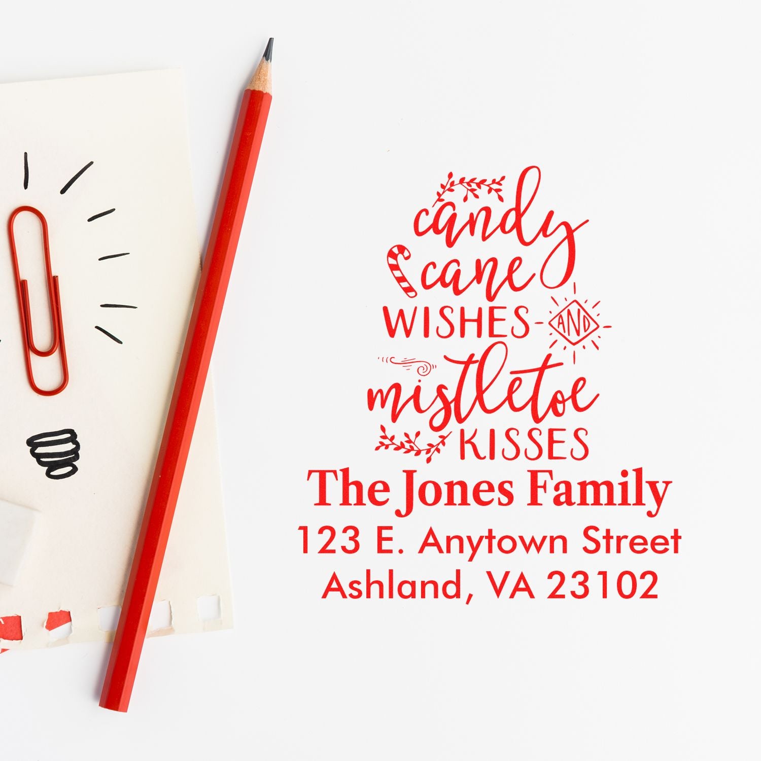 Custom holiday address rubber stamp with Candy Cane Wishes and Mistletoe Kisses for The Jones Family, Ashland, VA.