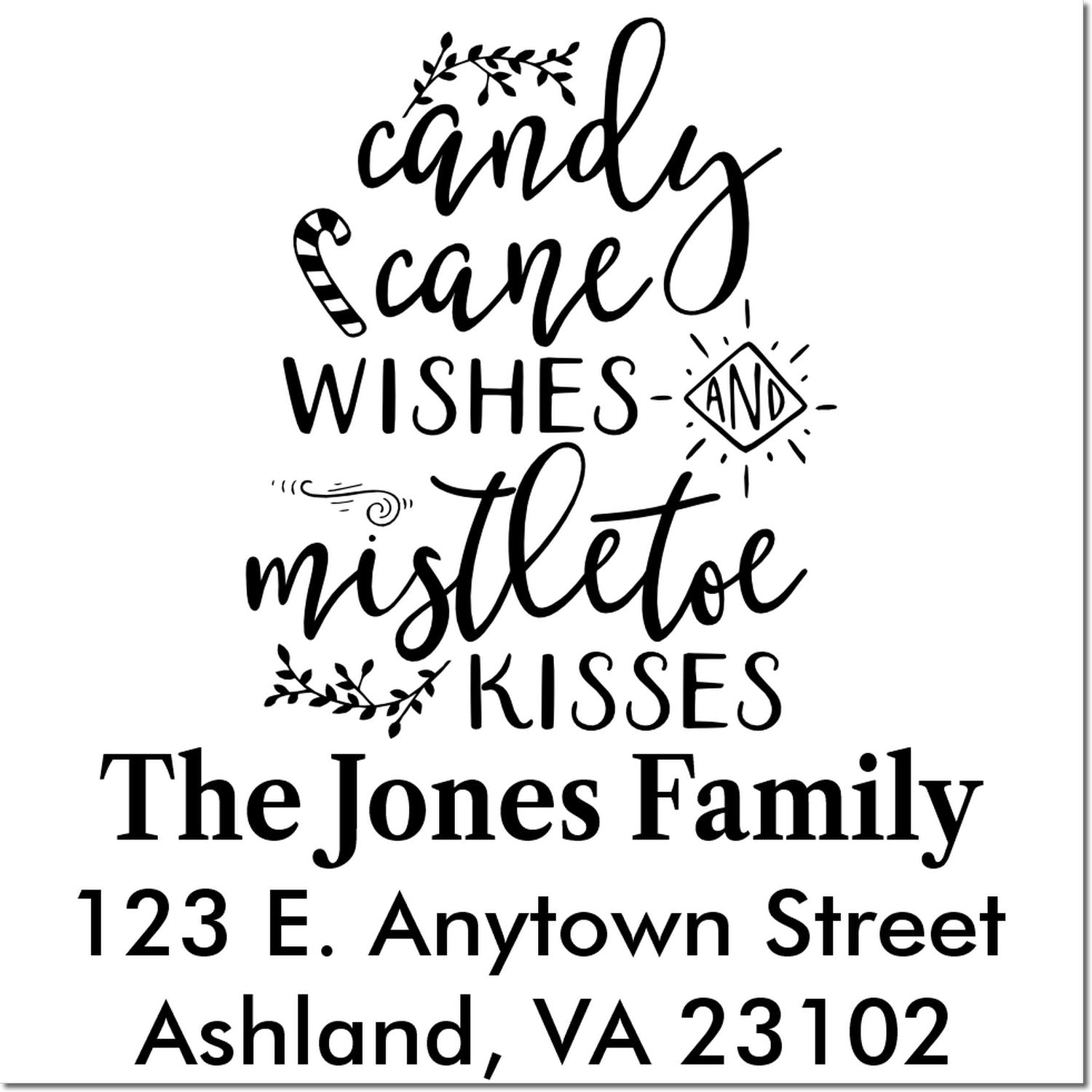 Custom holiday return address rubber stamp with candy cane wishes and mistletoe kisses for The Jones Family.