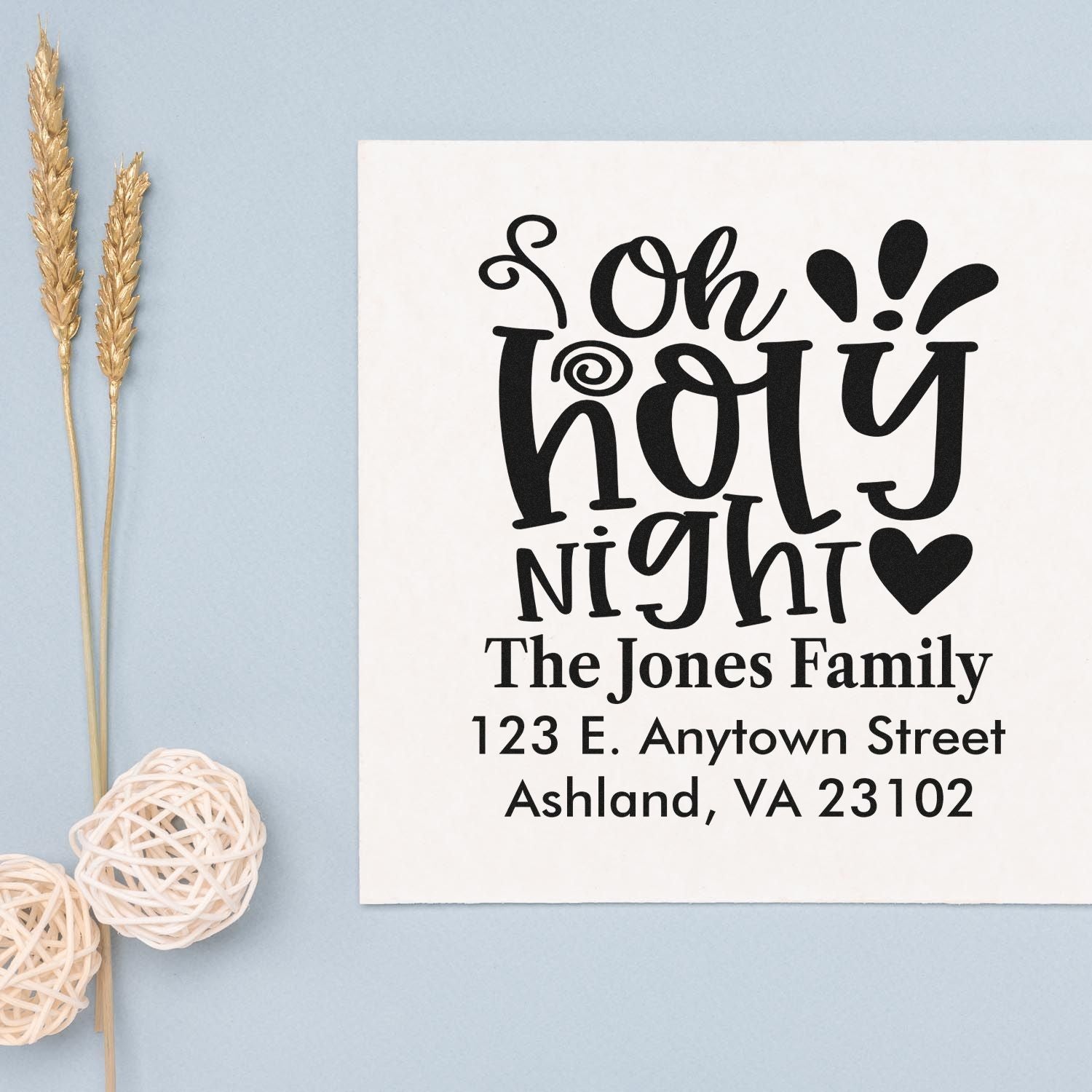 Custom Oh Holy Night rubber stamp with family name and return address for Christmas cards and holiday stationery.