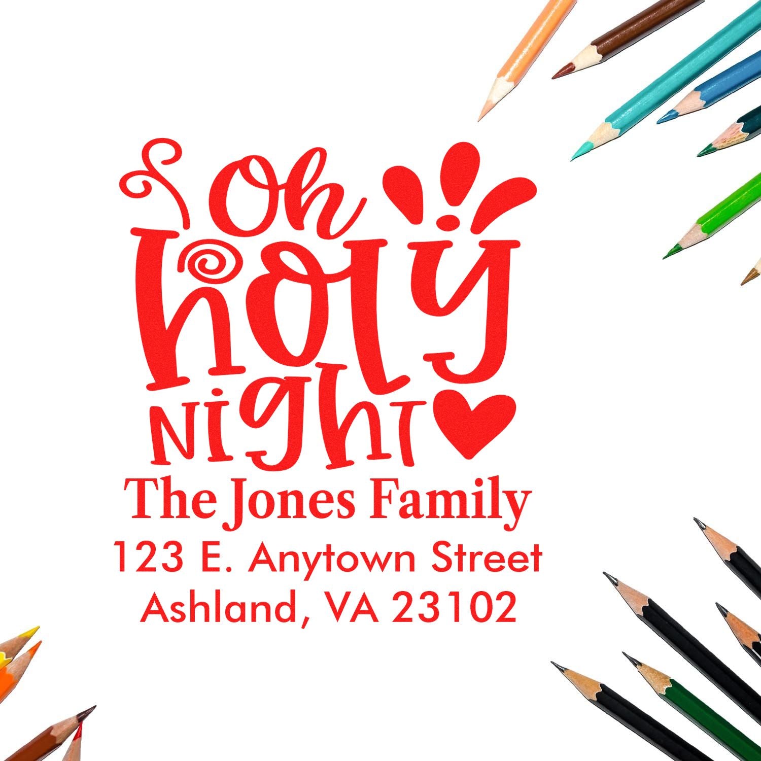 Custom holiday return address rubber stamp with Oh Holy Night, family name, and address for Christmas cards.