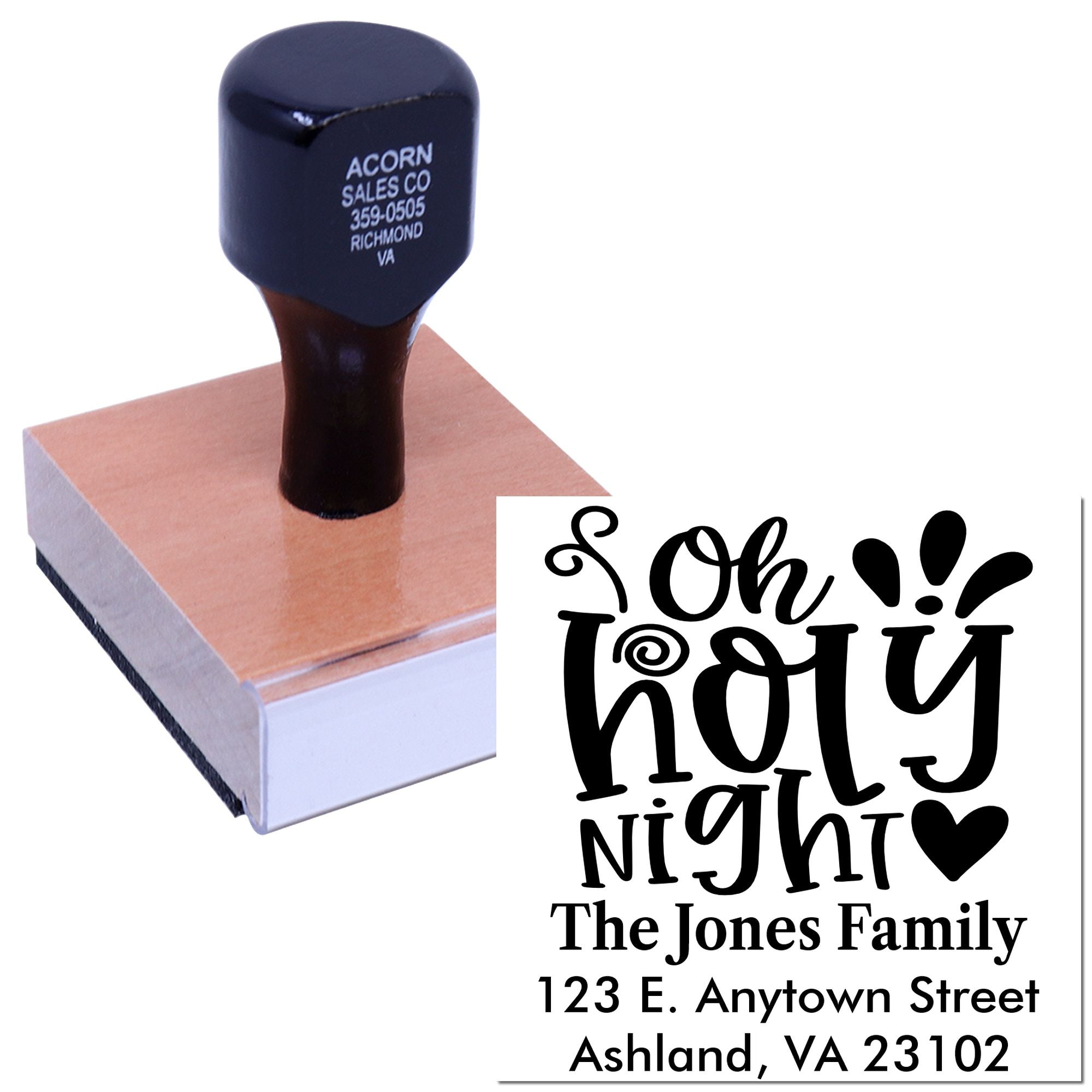 Custom holiday return address rubber stamp with Oh Holy Night design for The Jones Family, Ashland, VA.