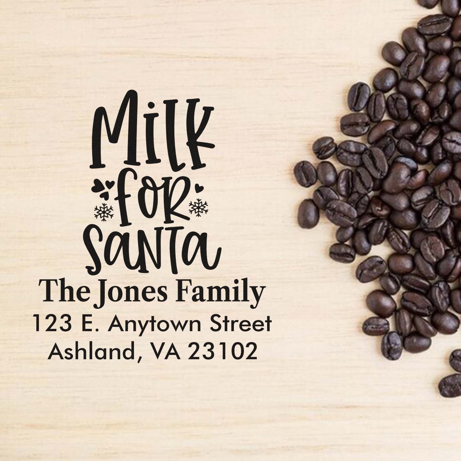 Custom personalized Milk for Santa holiday rubber stamp with family name and return address for Christmas mail and gifts.