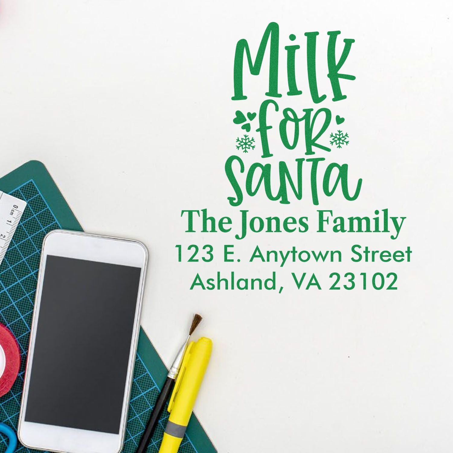 Custom Christmas rubber stamp with Milk for Santa, personalized family name, and return address for holiday cards.