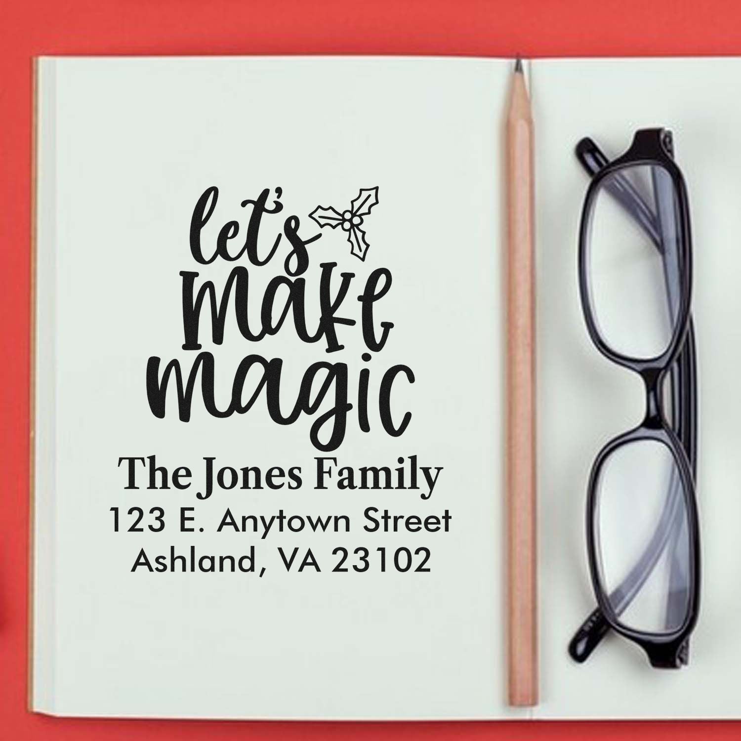 Custom return address rubber stamp with Lets Make Magic holiday design for The Jones Family stationery and address labels.