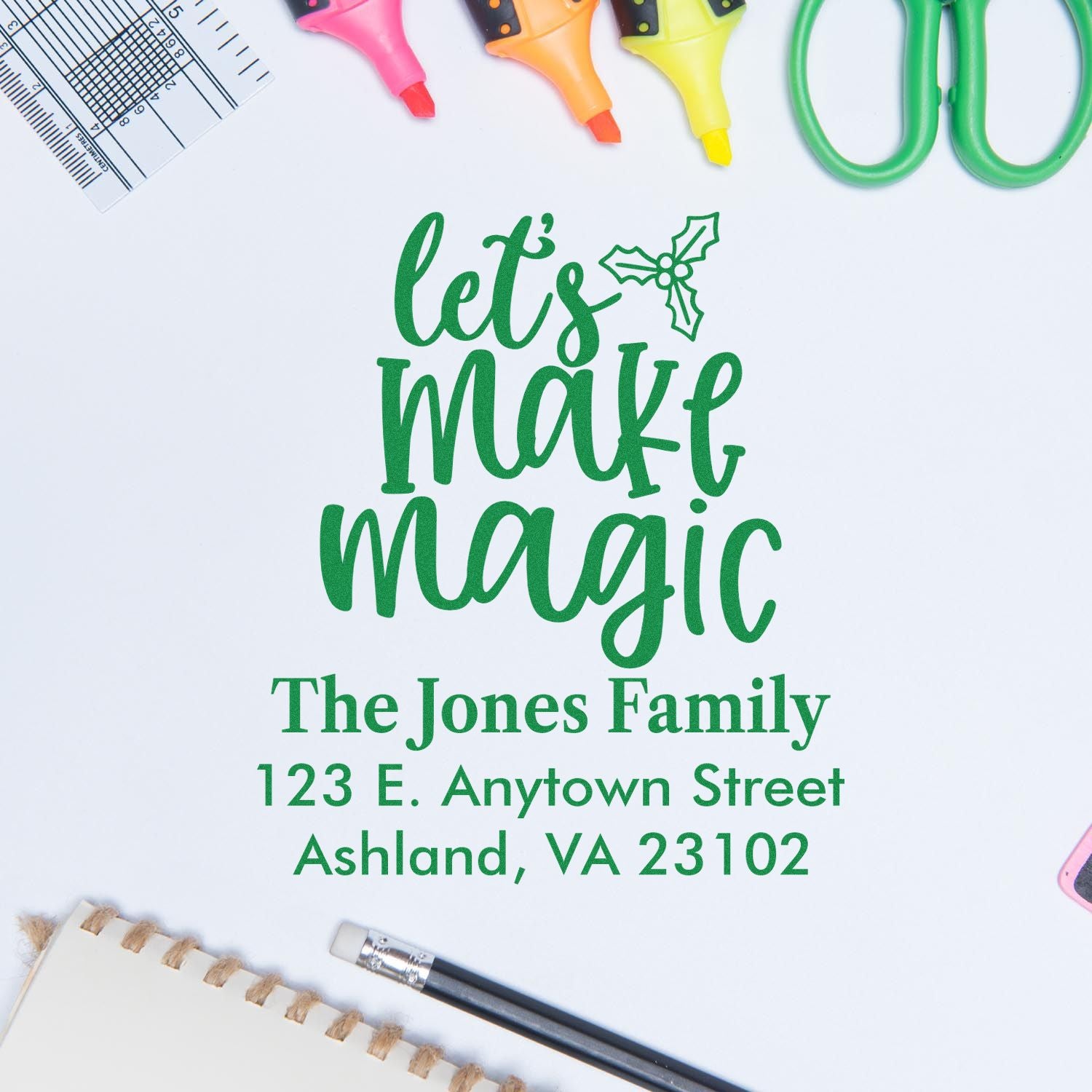 Personalized holiday rubber stamp with Lets Make Magic, family name and address for festive cards, envelopes, and gifts.
