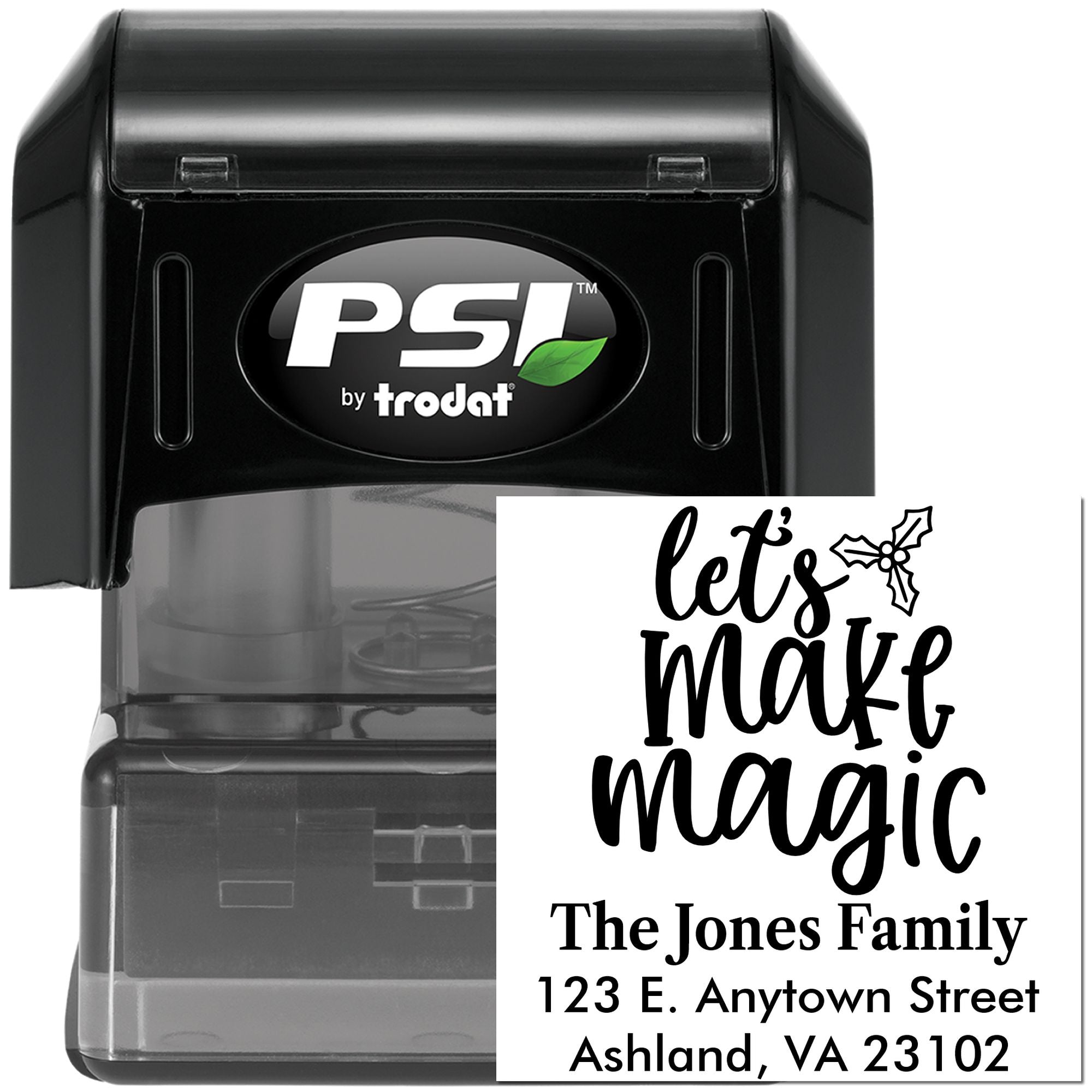 PSI by Trodat self-inking custom address rubber stamp with Lets Make Magic holiday return address sample.