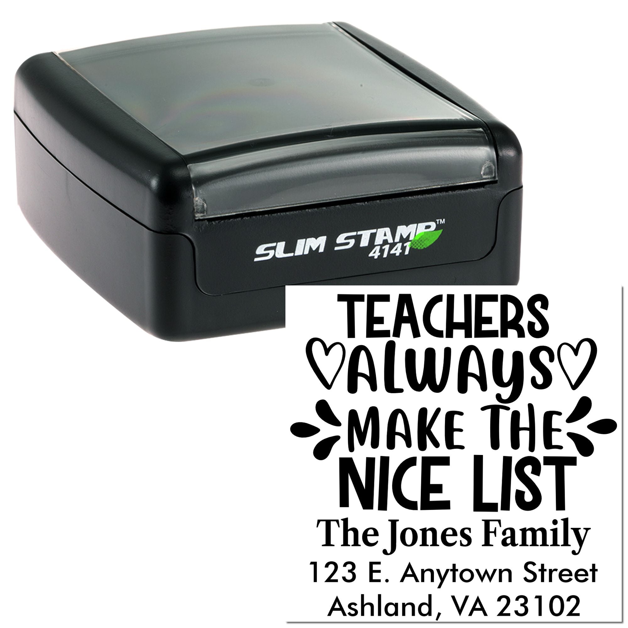 Personalized teacher return address rubber stamp with Teachers Always Make the Nice List holiday design.
