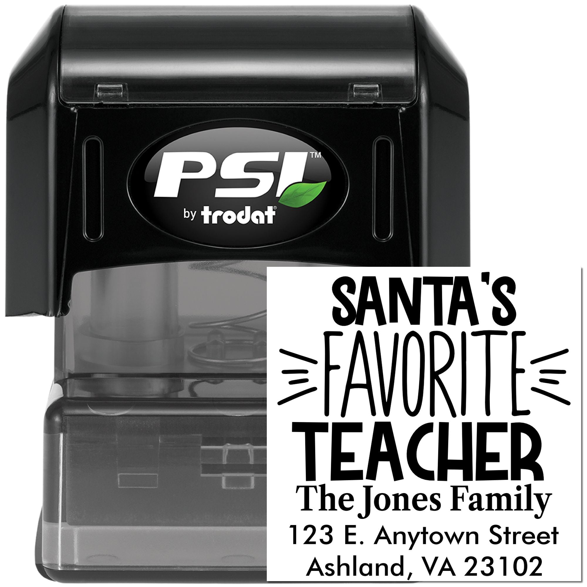 Custom self-inking rubber stamp for teachers with Santas Favorite Teacher design and return address imprint.