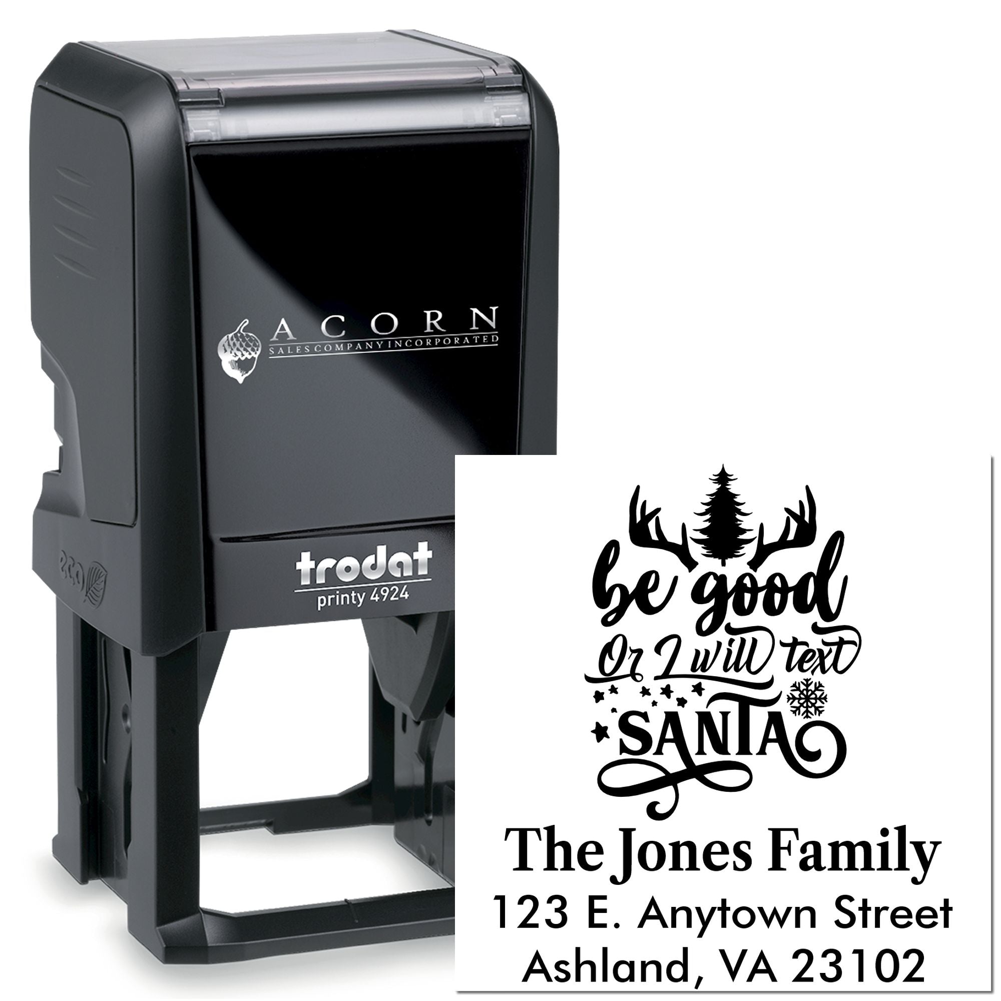 Custom self-inking rubber stamp with holiday be good or I will text Santa design and family address by Trodat Printy 4924.