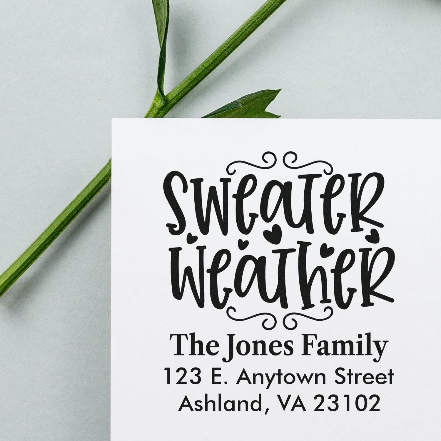 Personalized Sweater Weather return address rubber stamp for The Jones Family, Ashland VA 23102