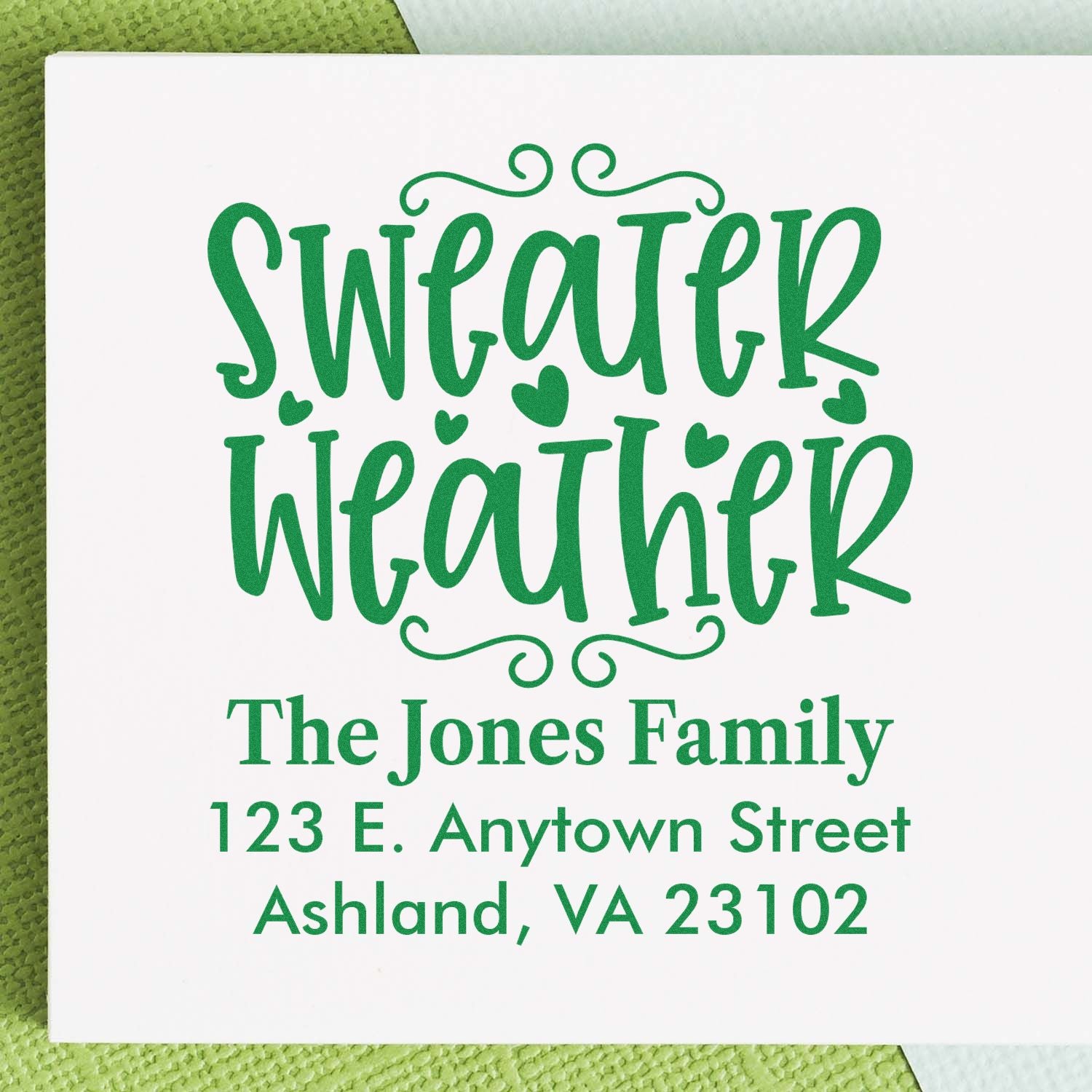 Custom Sweater Weather return address rubber stamp for The Jones Family, 123 E. Anytown Street, Ashland, VA 23102