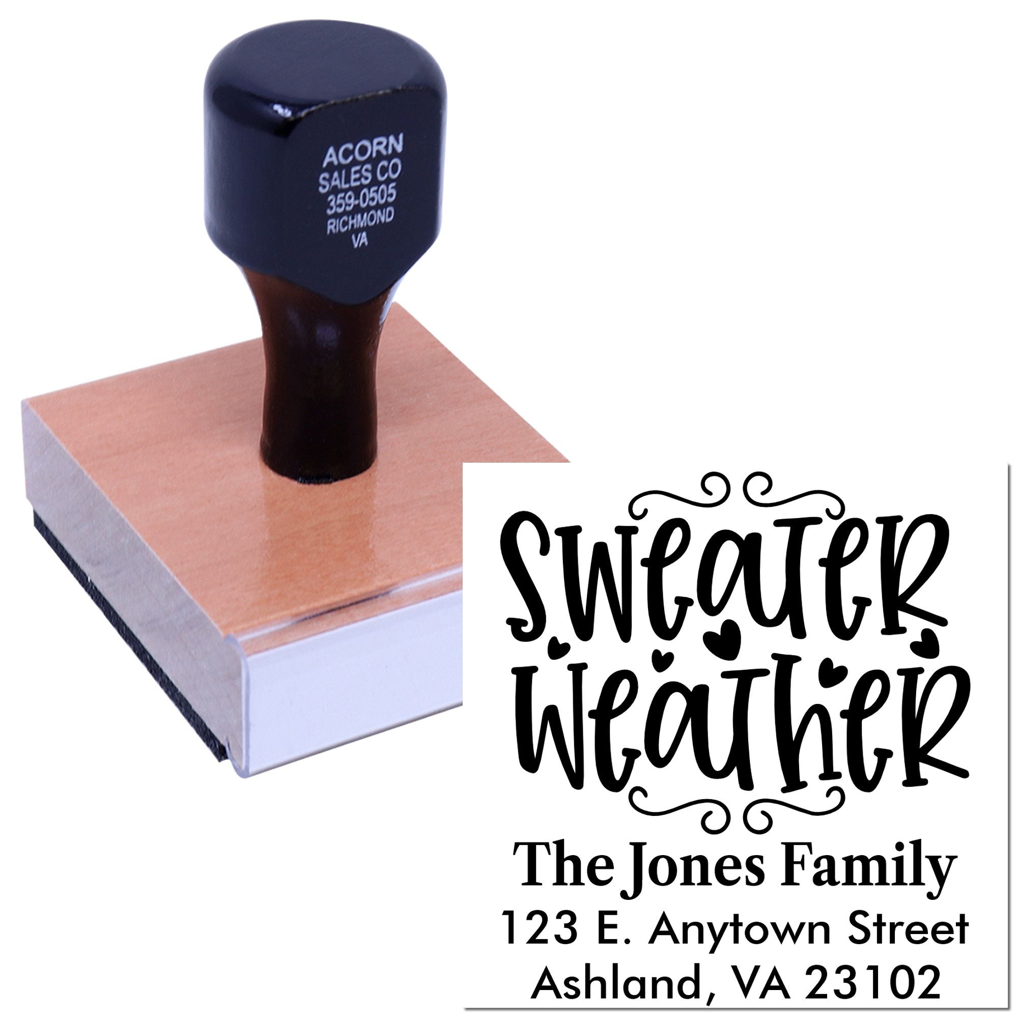 Custom self-inking return address rubber stamp with Sweater Weather design for personalized family mail and gifts.