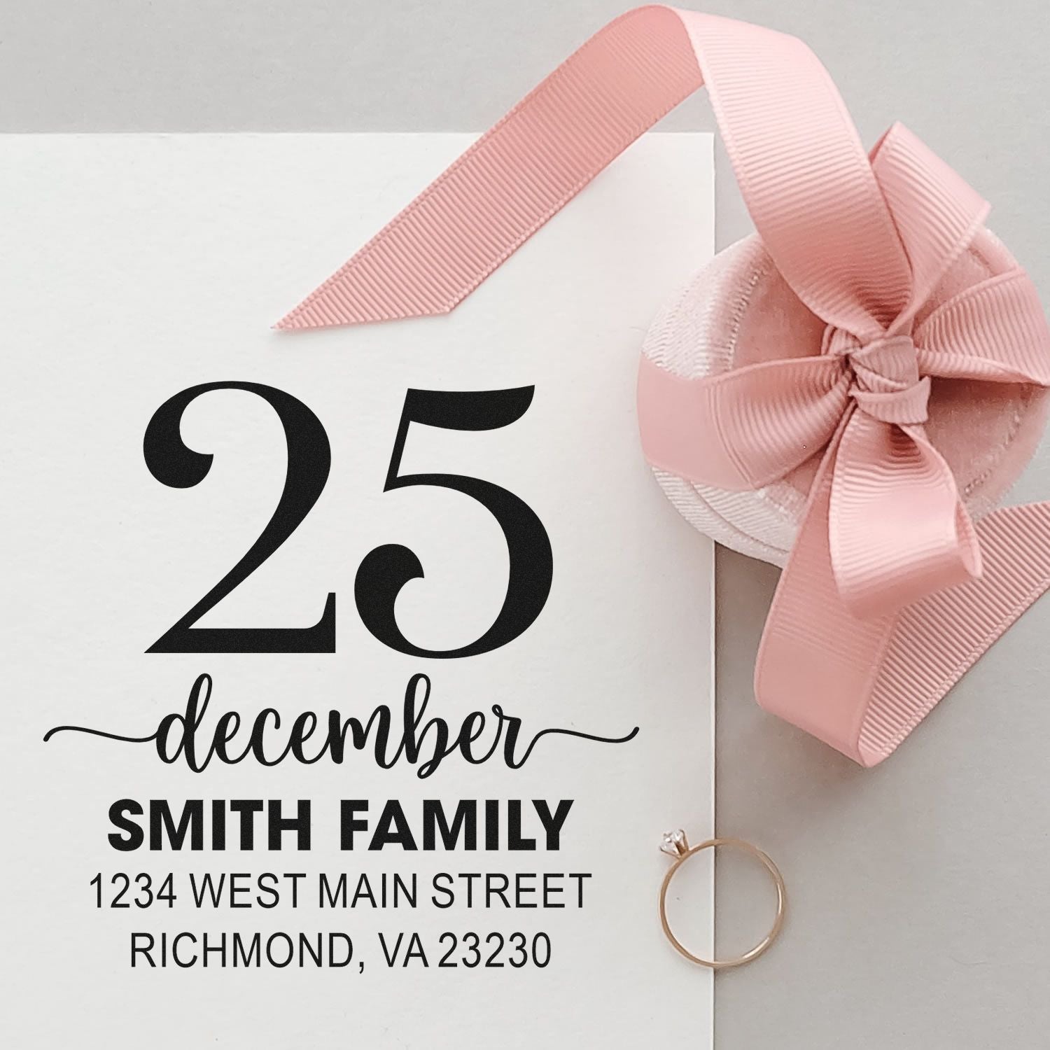 Custom wedding return address rubber stamp with family name, date, and Richmond VA address for invitations.