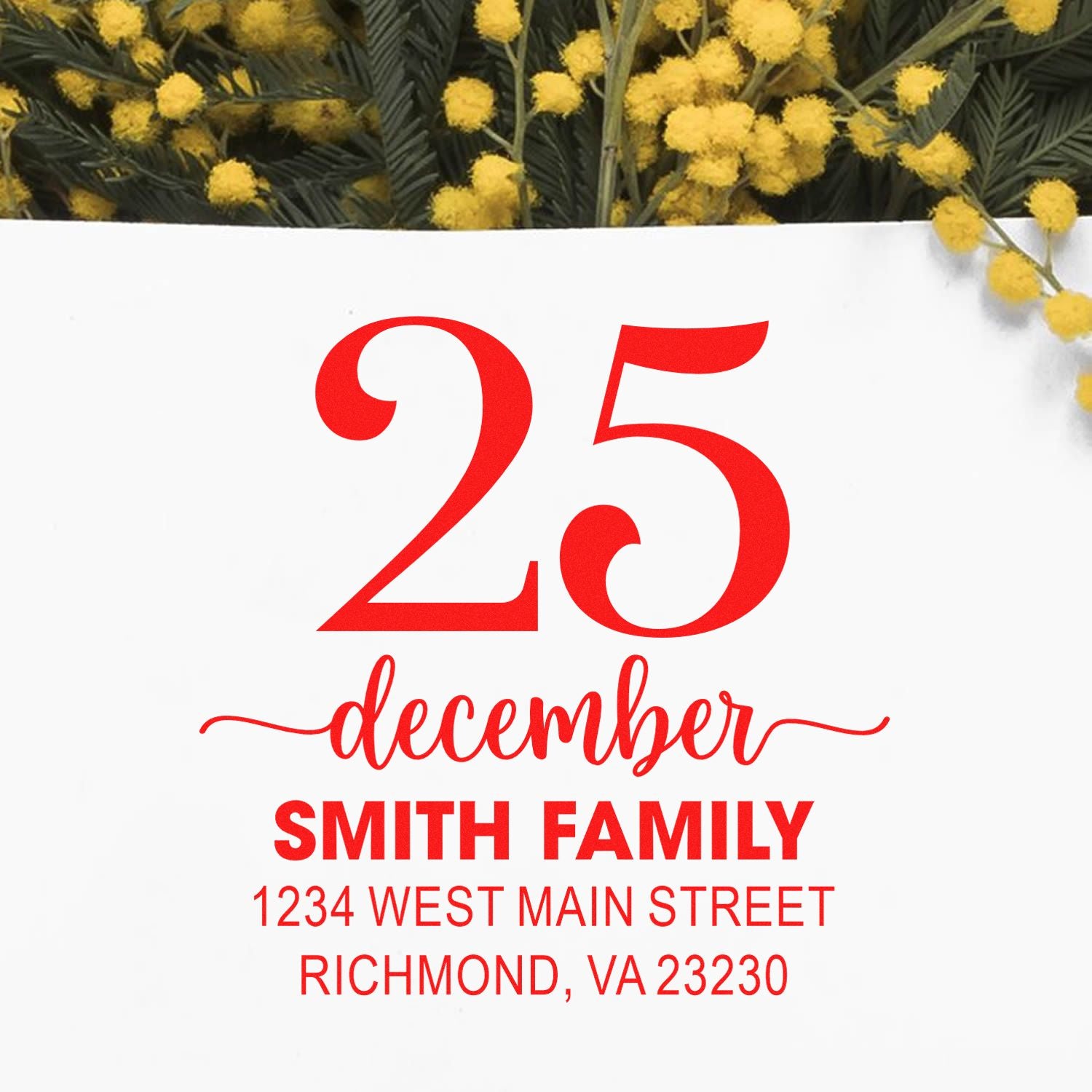 Custom Christmas address rubber stamp with December 25, Smith Family return address in Richmond, VA 23230.