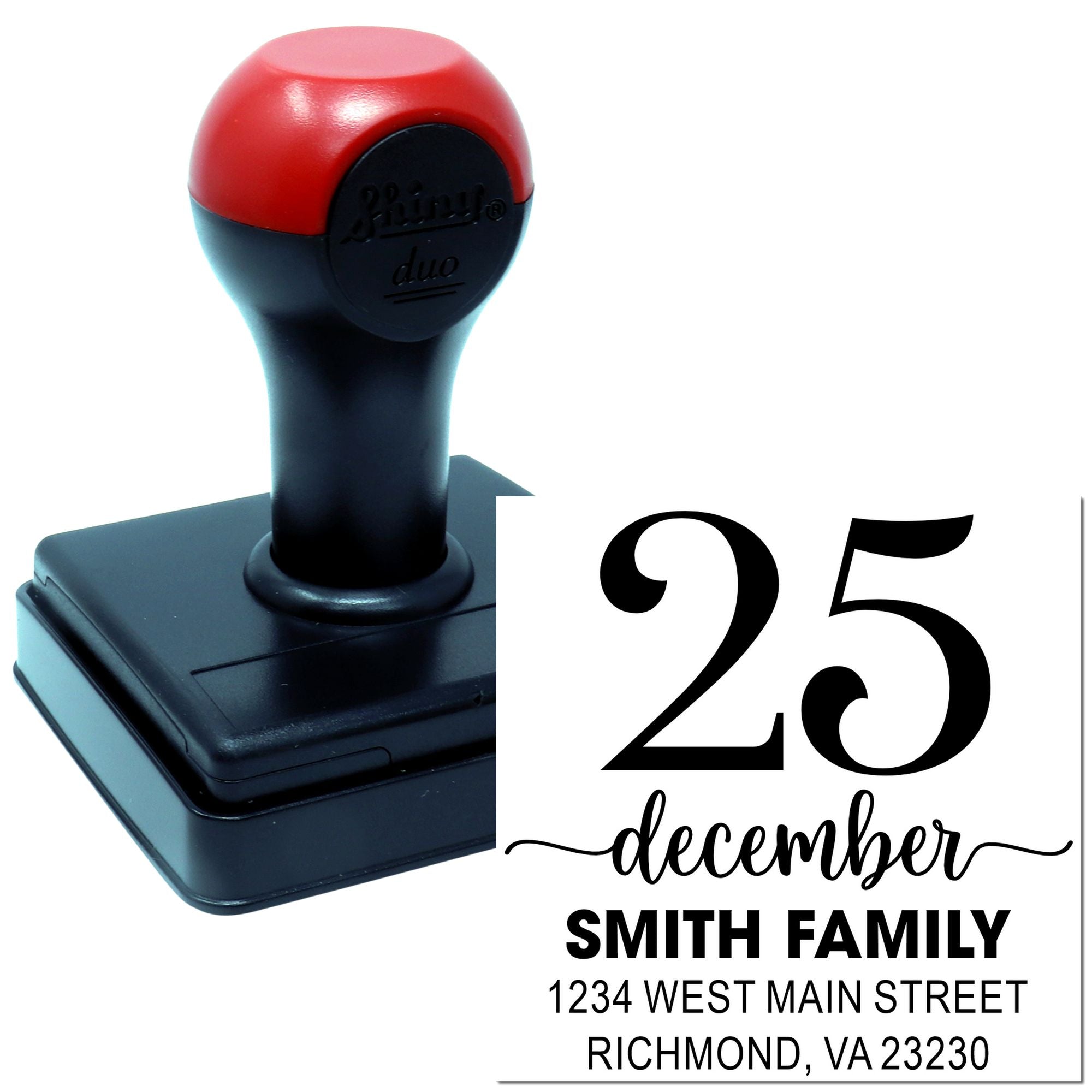 Custom self-inking rubber stamp for address labels with December 25 date and Smith family return address.