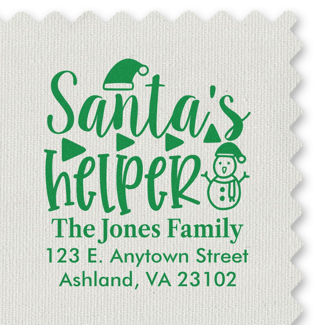Custom Christmas return address rubber stamp with Santas helper design for The Jones Family, Ashland, VA holiday mailing label.