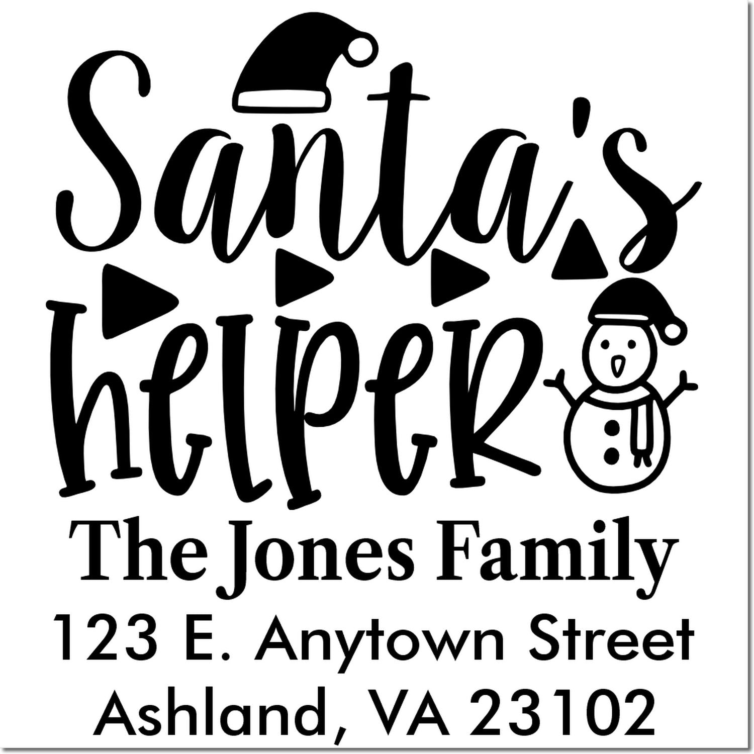 Custom Santas Helper address rubber stamp design with family name, holiday graphics, and snowman for Christmas mail.