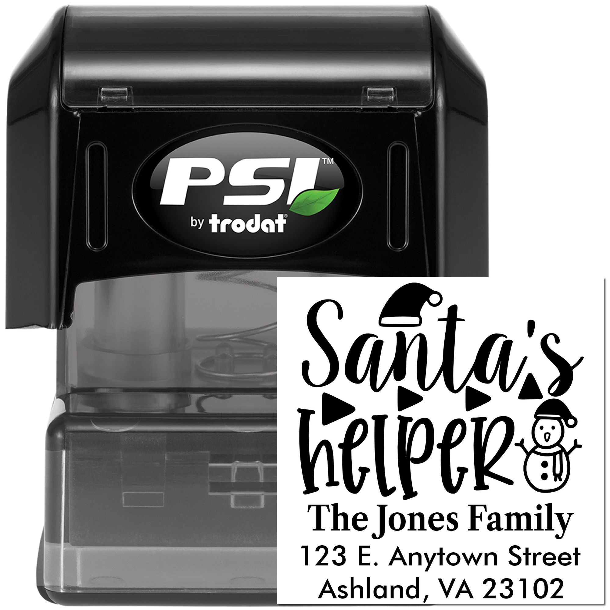 Custom self-inking rubber stamp for holiday mail, featuring Santas Helper family return address design