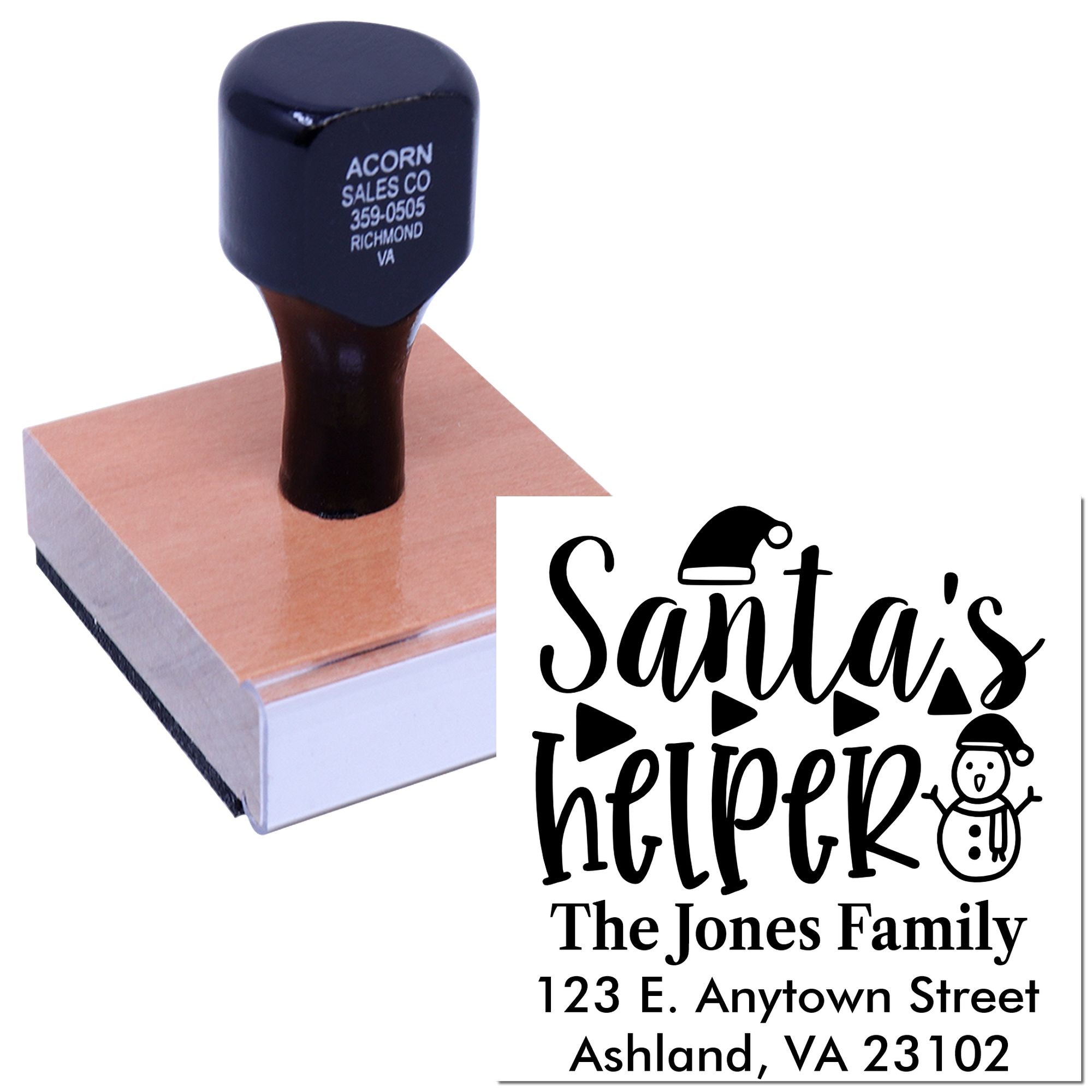 Custom rubber stamp with Santas Helper return address design for personalized holiday envelopes and Christmas mailings.