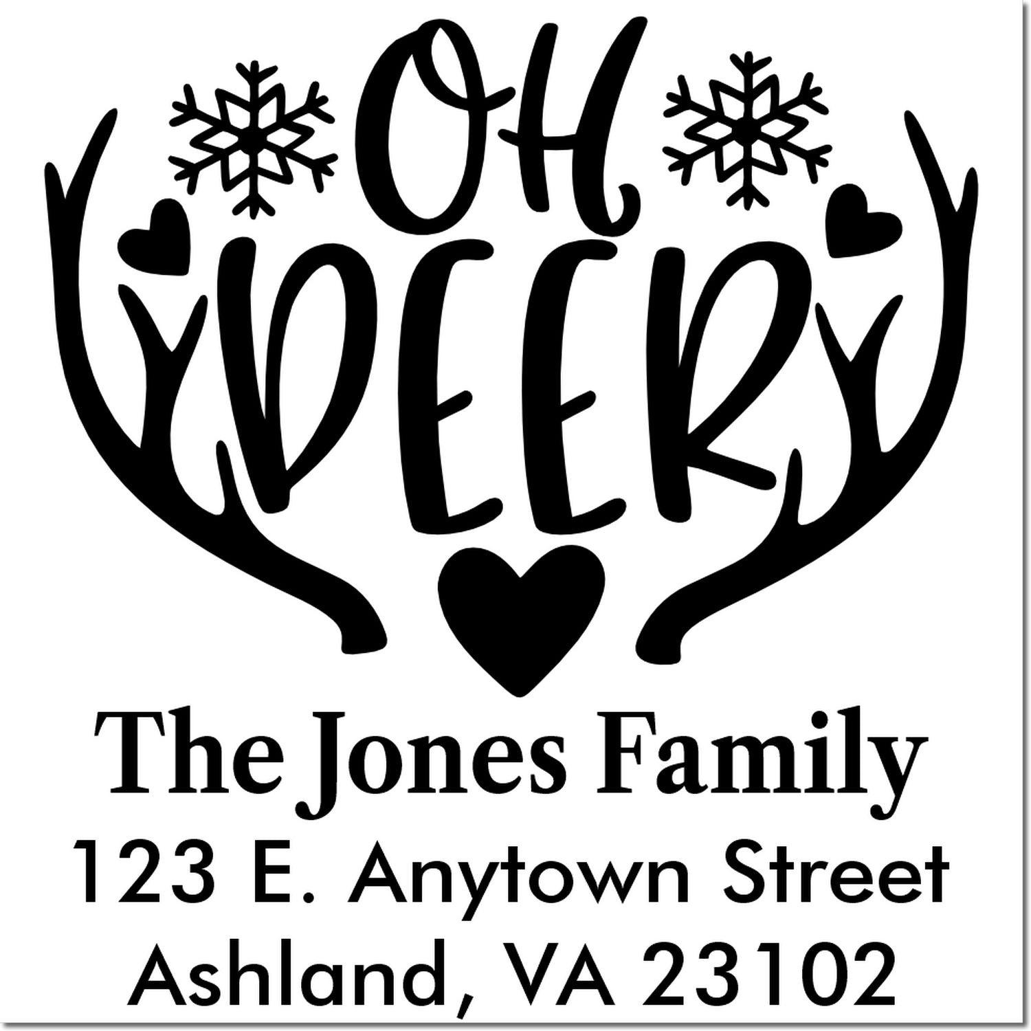Custom Oh Deer return address rubber stamp with antlers, snowflakes, hearts, family name, and mailing address.