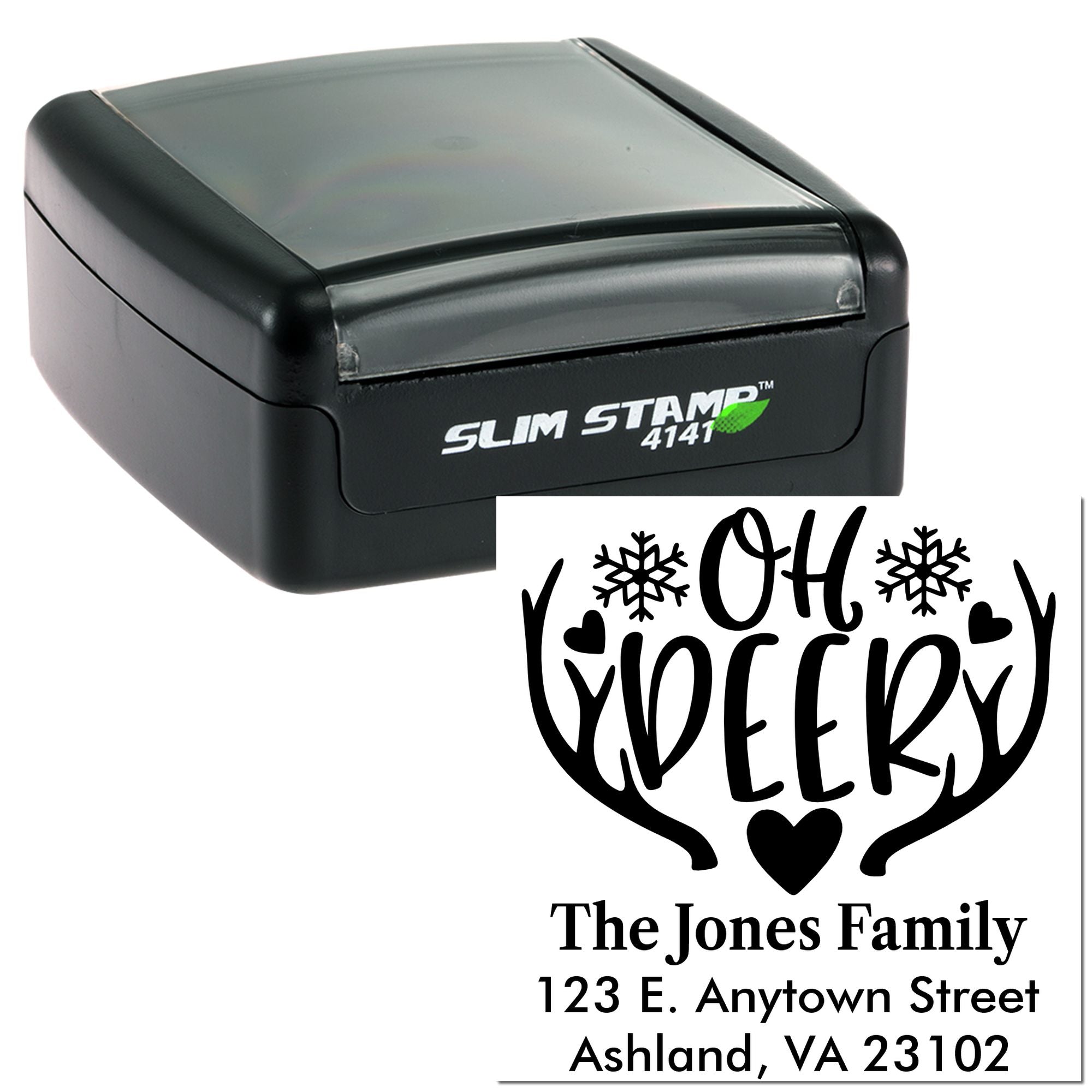 Custom self-inking rubber stamp with Oh Deer holiday return address design for personalized Christmas address stamping.