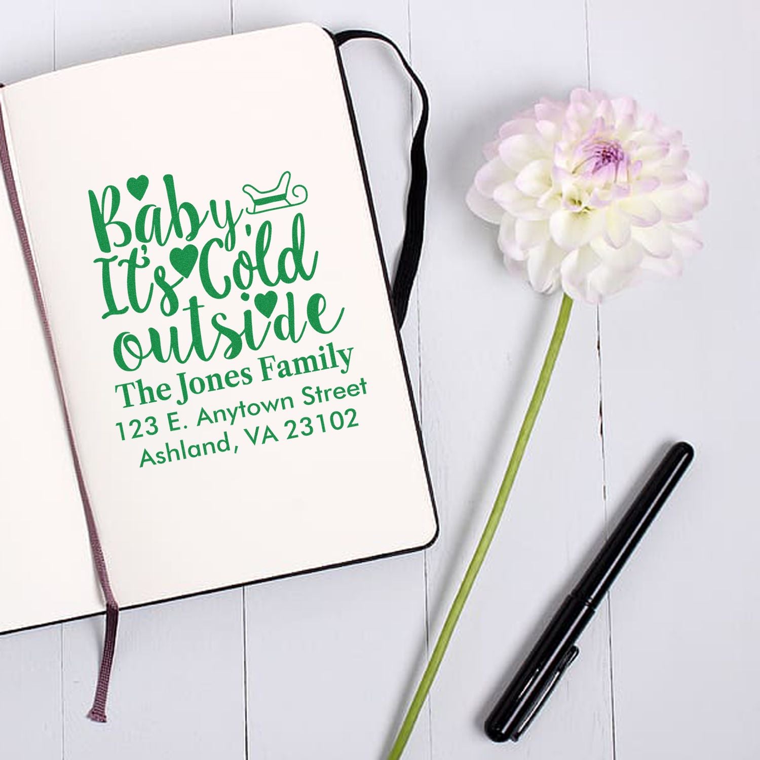 Custom return address rubber stamp with Baby Its Cold Outside design for family stationery and holiday envelopes.