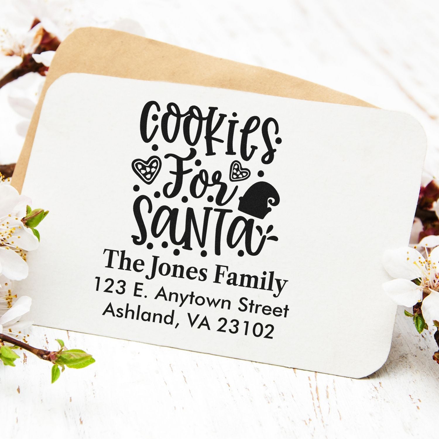 Custom Cookies for Santa return address rubber stamp with family name and holiday address for Christmas mailings.