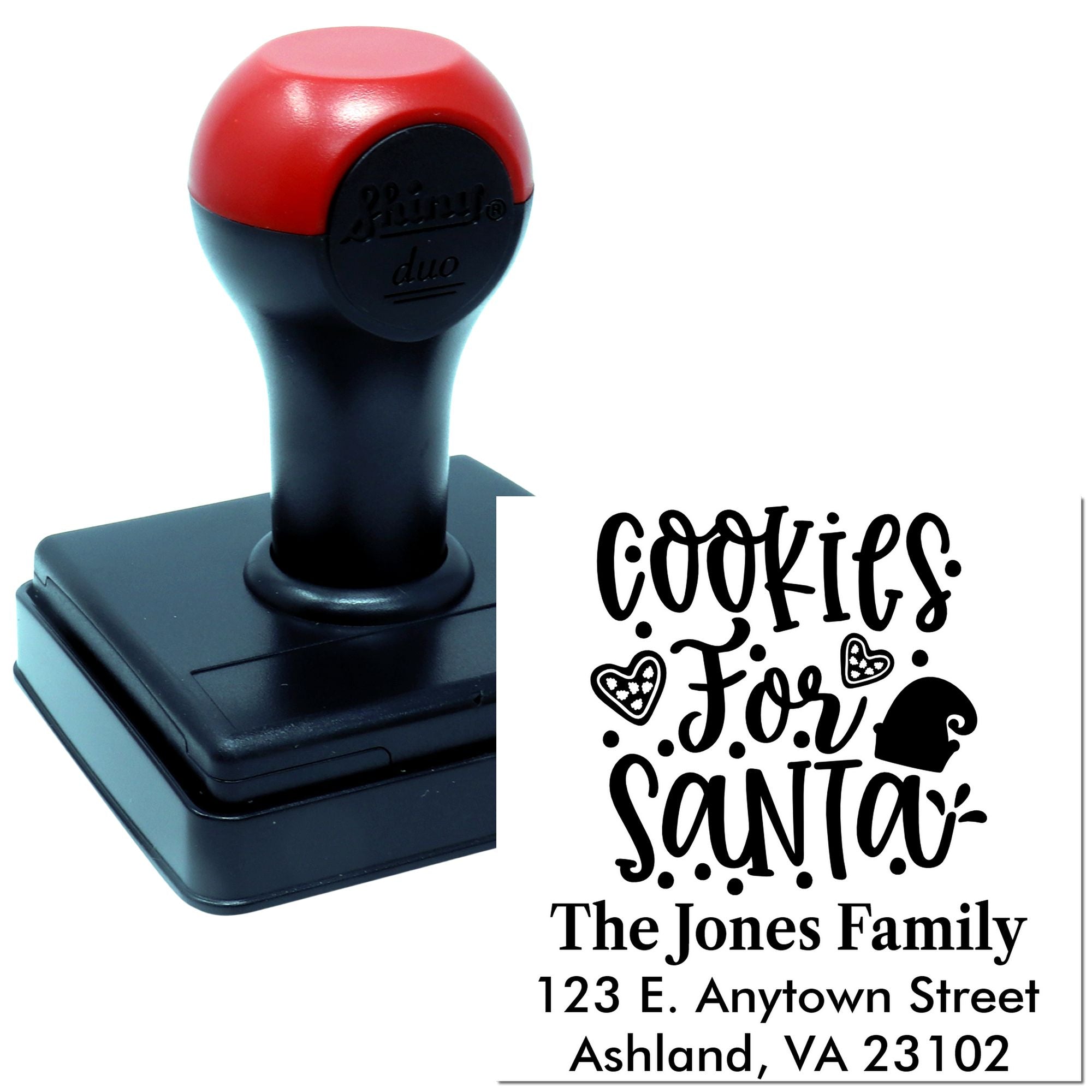 Custom self-inking rubber stamp with Cookies for Santa design and return address for holiday cards, gifts, and packaging.