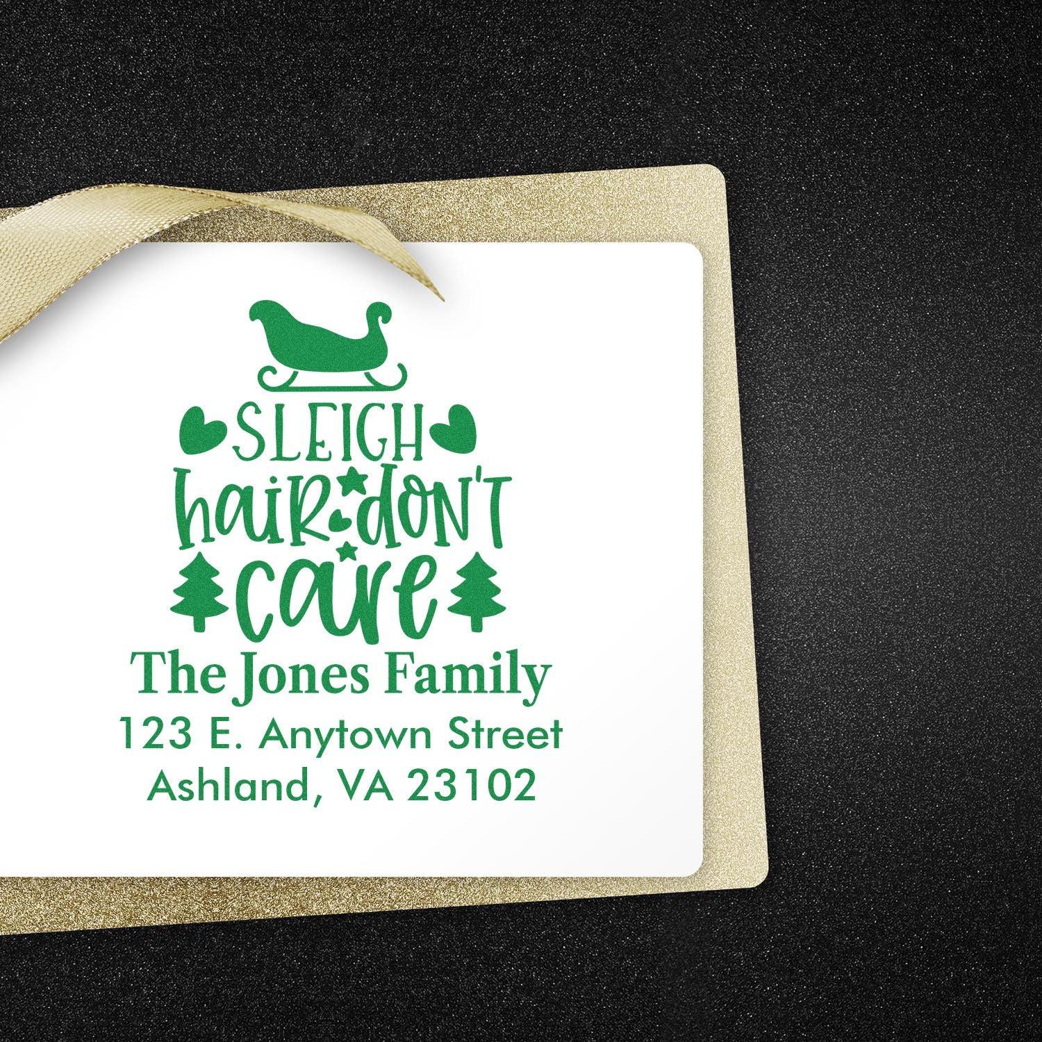 Personalized Christmas return address rubber stamp with Sleigh Hair Dont Care for holiday cards and gift tags.
