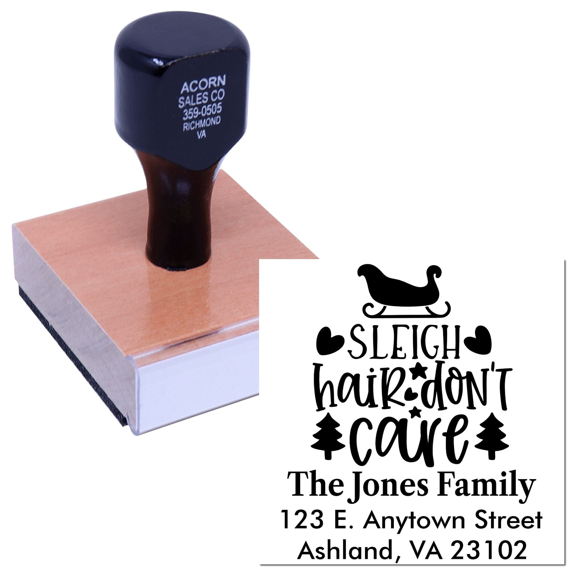 Custom rubber address stamp with Sleigh Hair Dont Care holiday design, family name, and address.