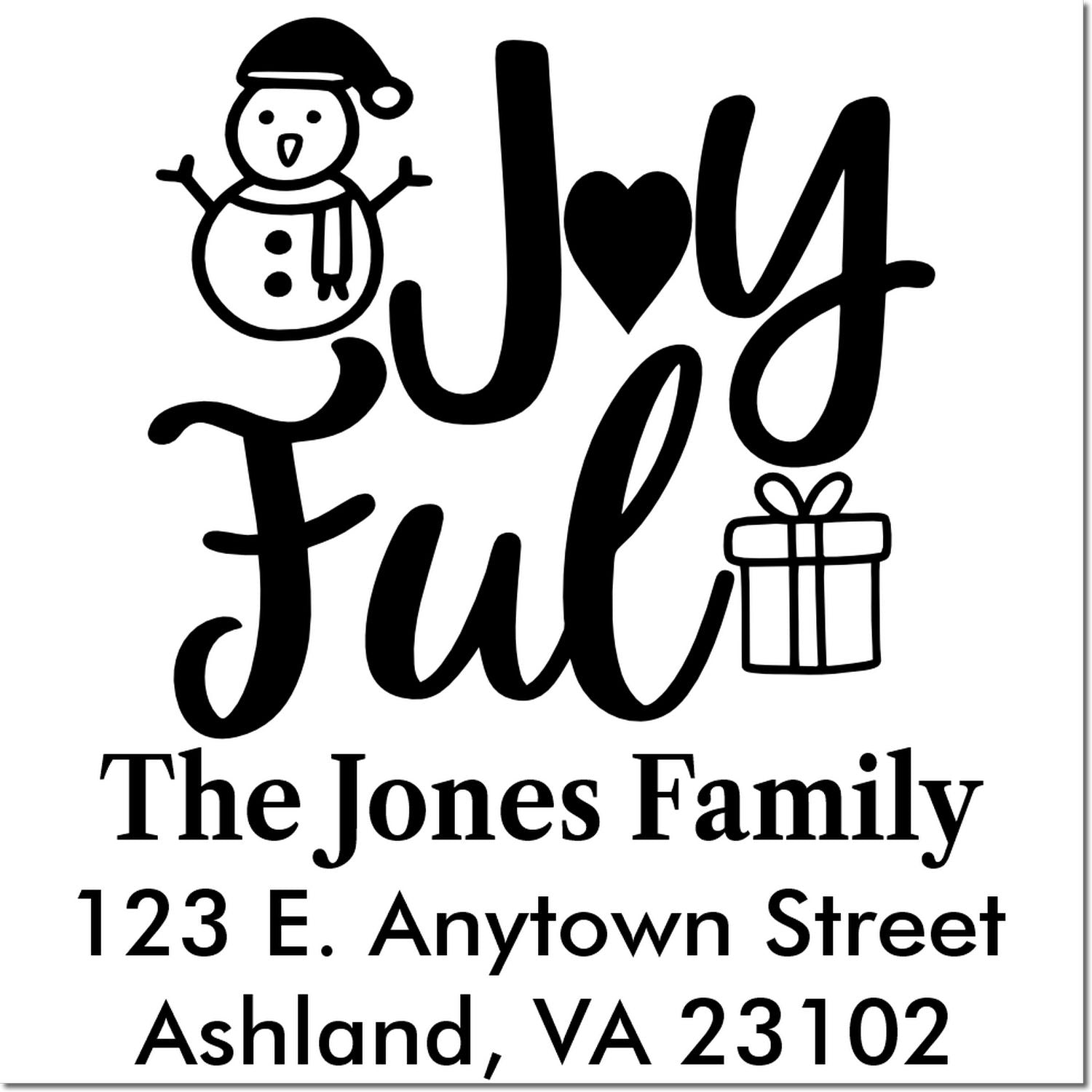 Custom Joyful family return address rubber stamp with snowman and gift, ideal for holiday cards and winter mail.