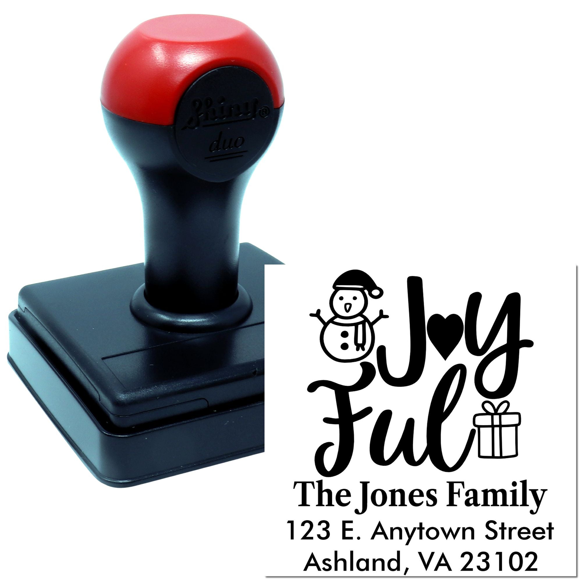 Personalized self-inking Christmas return address stamp with Joyful design, snowman, and family address.