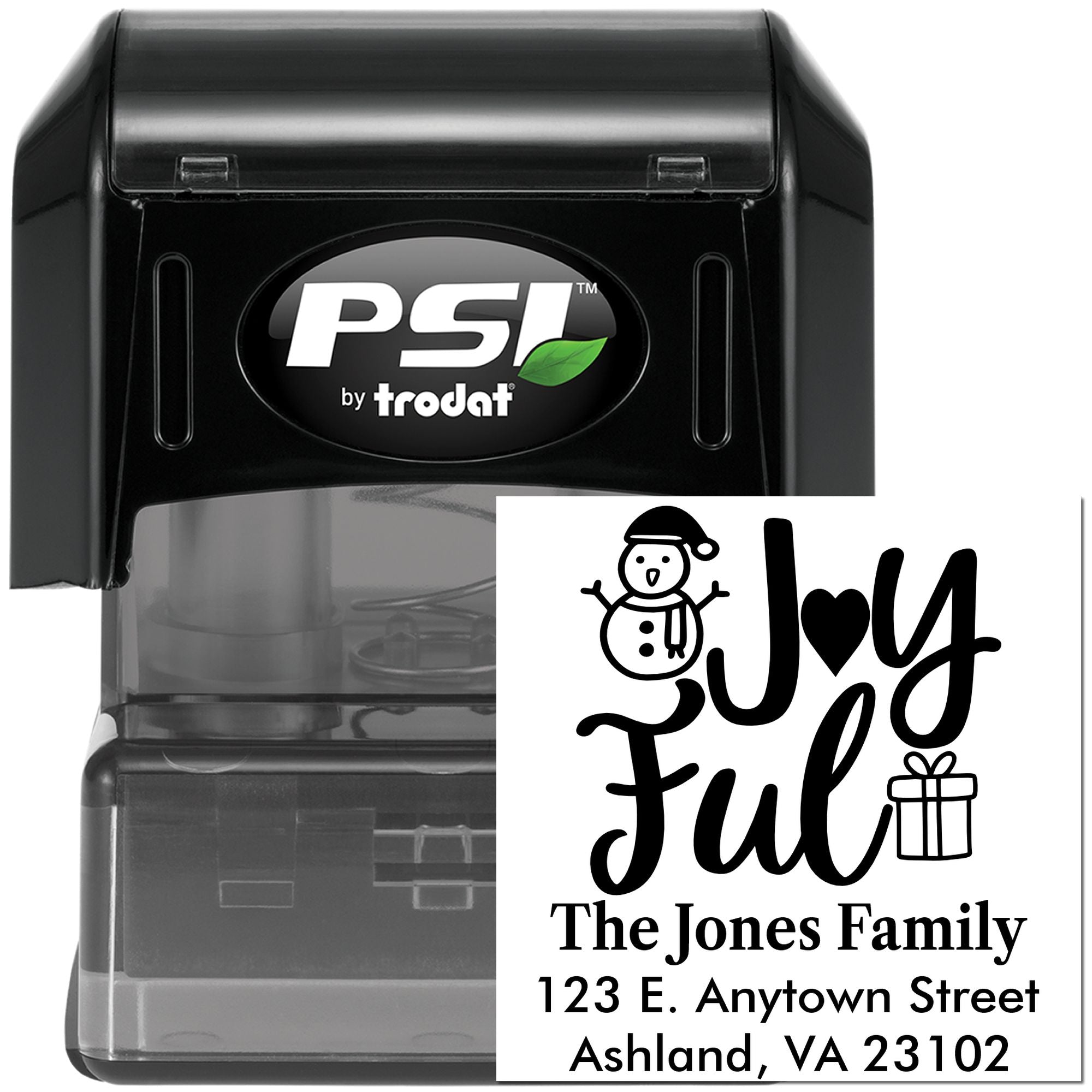 Custom self-inking rubber stamp with Joyful holiday address design, snowman and gift, for Christmas cards and mail.